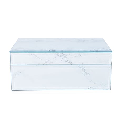 Marble Glass Jewellery Storage Box with Inside Mirror, 7 Ring Rows, 4 Necklace Hook with Pouch and 4 Sections (Size 21x13x8 Cm) - White Magnesite