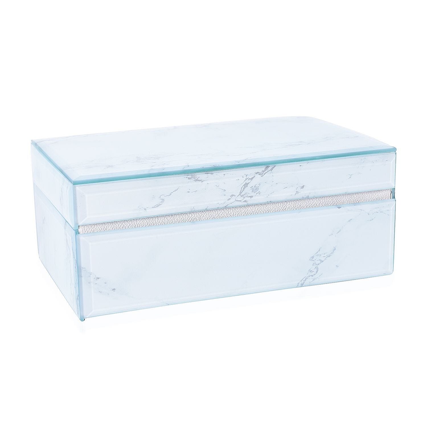 Marble Glass Jewellery Storage Box with Inside Mirror, 7 Ring Rows, 4 Necklace Hook with Pouch and 4 Sections (Size 21x13x8 Cm) - White Magnesite