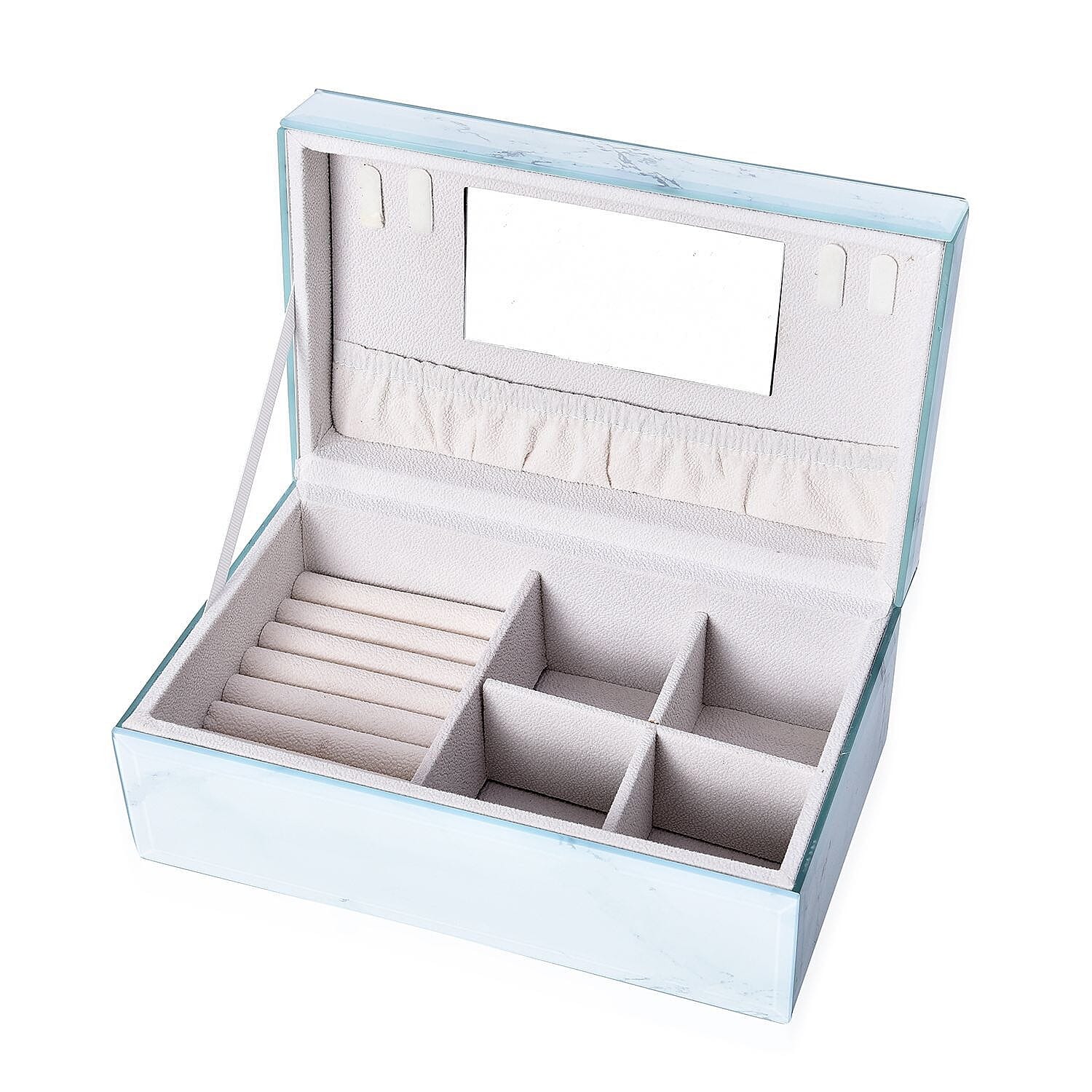 Marble Glass Jewellery Storage Box with Inside Mirror, 7 Ring Rows, 4 Necklace Hook with Pouch and 4 Sections (Size 21x13x8 Cm) - White Magnesite