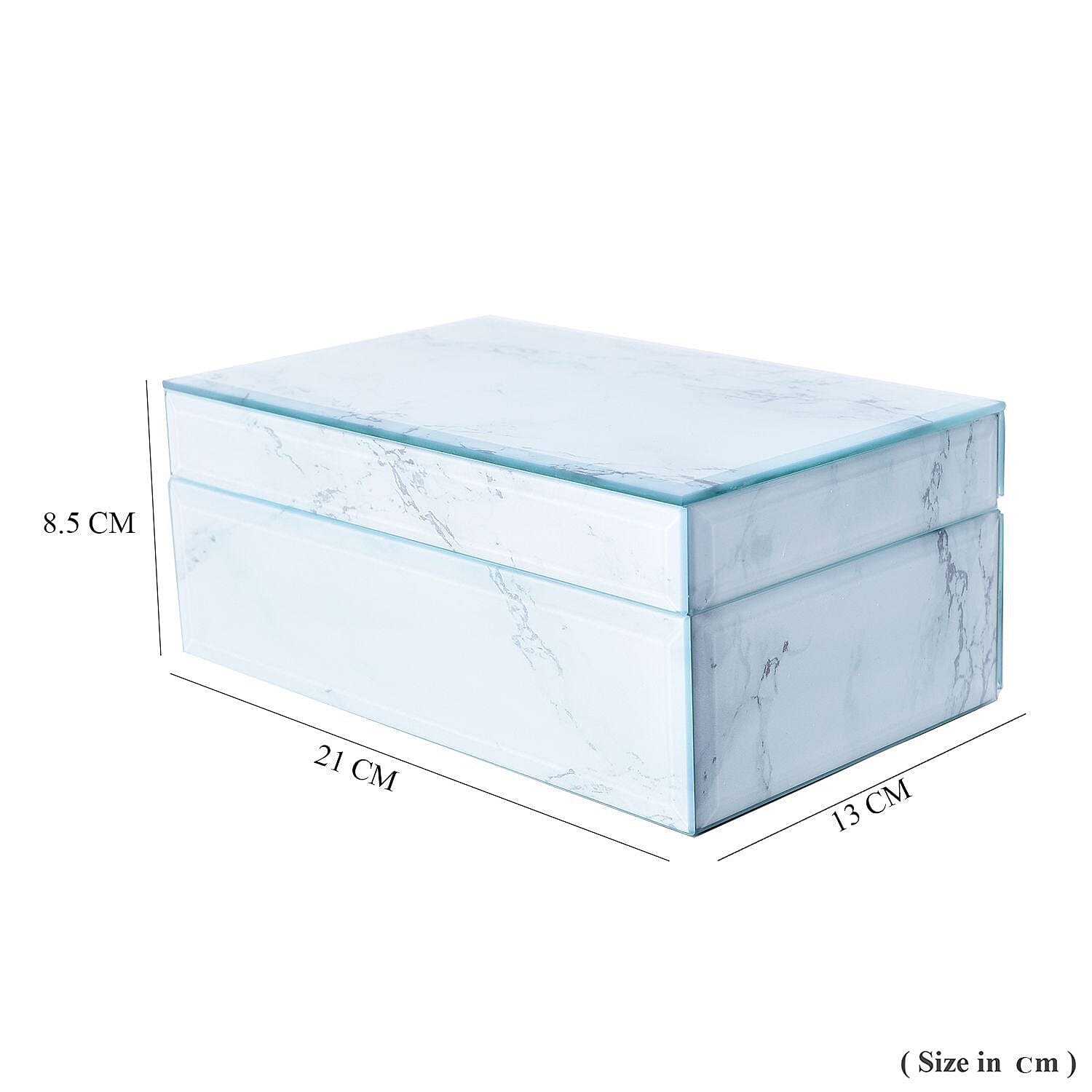 Marble Glass Jewellery Storage Box with Inside Mirror, 7 Ring Rows, 4 Necklace Hook with Pouch and 4 Sections (Size 21x13x8 Cm) - White Magnesite