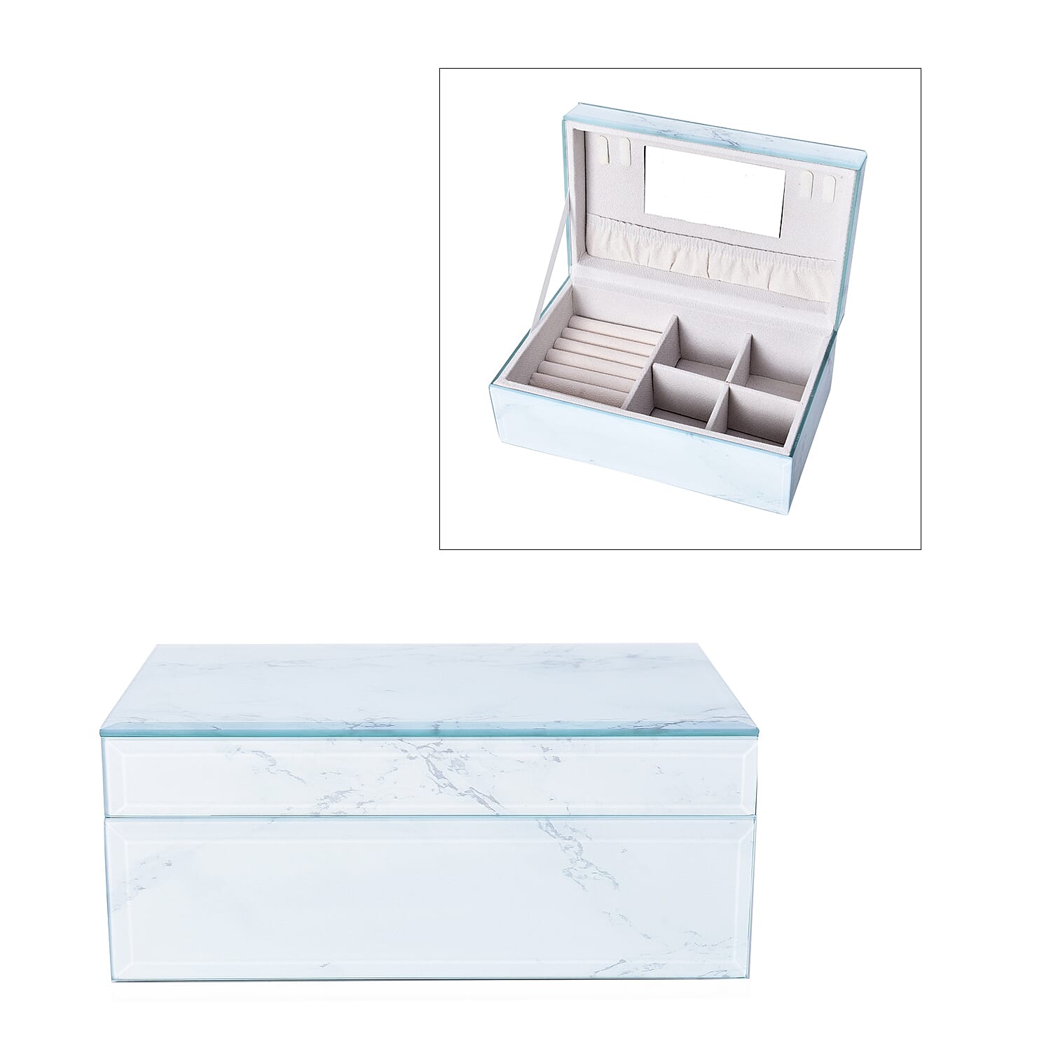 Marble Glass Jewellery Storage Box with Inside Mirror, 7 Ring Rows, 4 Necklace Hook with Pouch and 4 Sections (Size 21x13x8 Cm) - White Magnesite