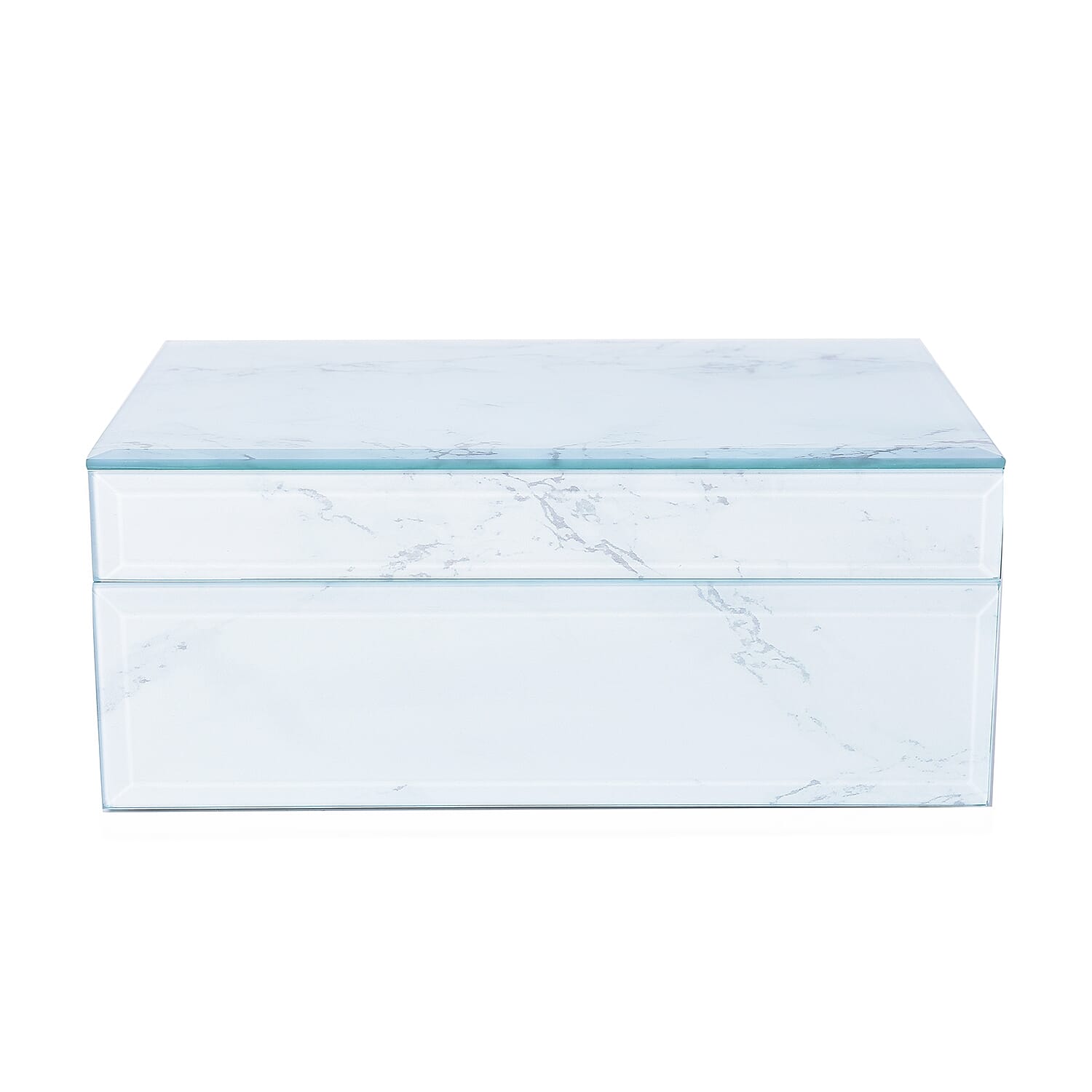 Marble Glass Jewellery Storage Box with Inside Mirror, 7 Ring Rows, 4 Necklace Hook with Pouch and 4 Sections (Size 21x13x8 Cm) - White Magnesite
