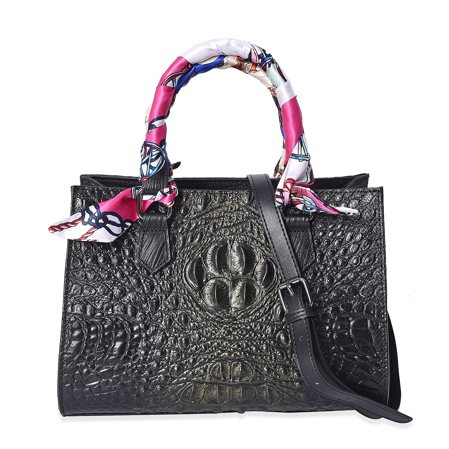 100% Genuine Leather Croc Embossed Tote Bag (Size 26.5x10.3x20.4 Cm) - Black and Gold