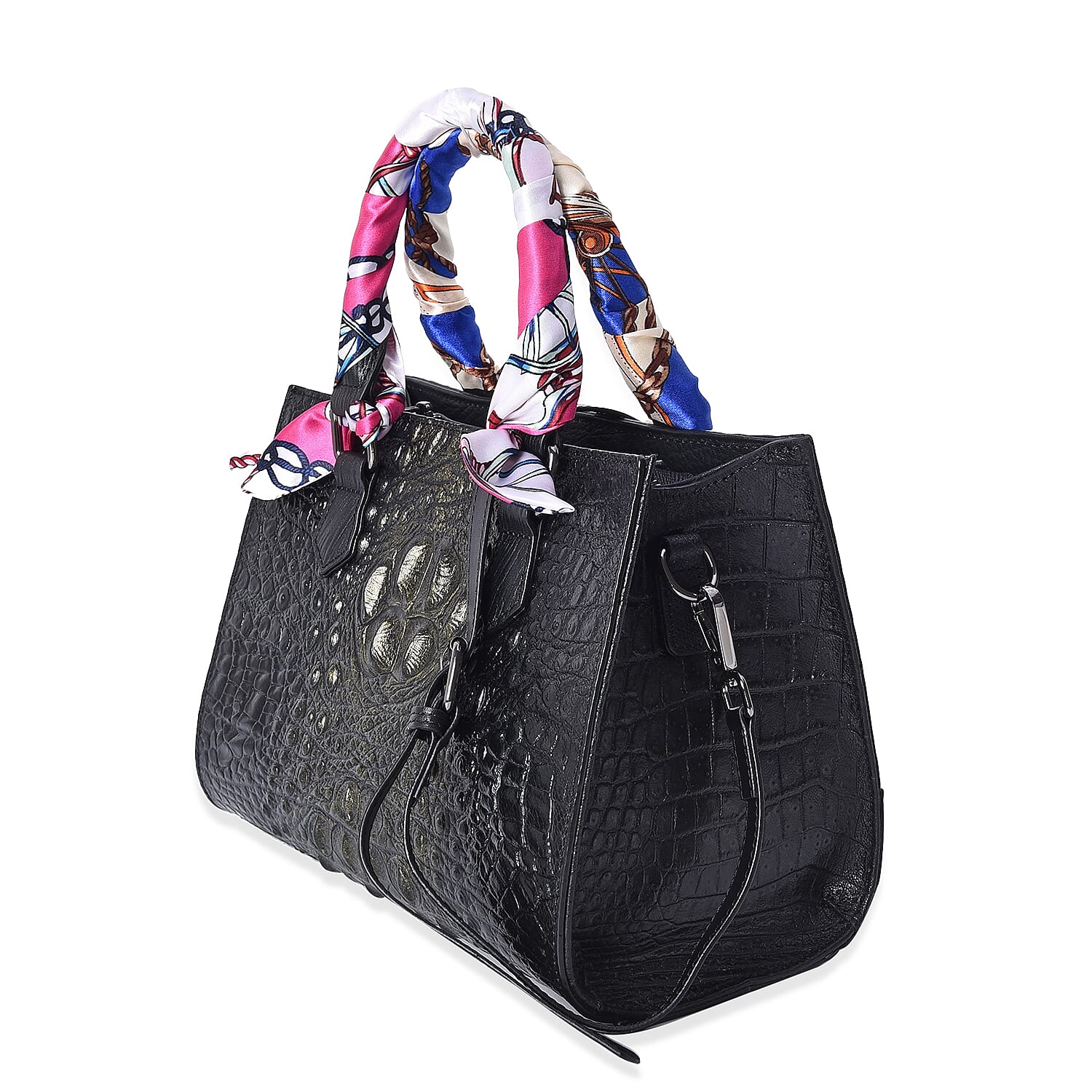 100% Genuine Leather Croc Embossed Tote Bag (Size 26.5x10.3x20.4 Cm) - Black and Gold