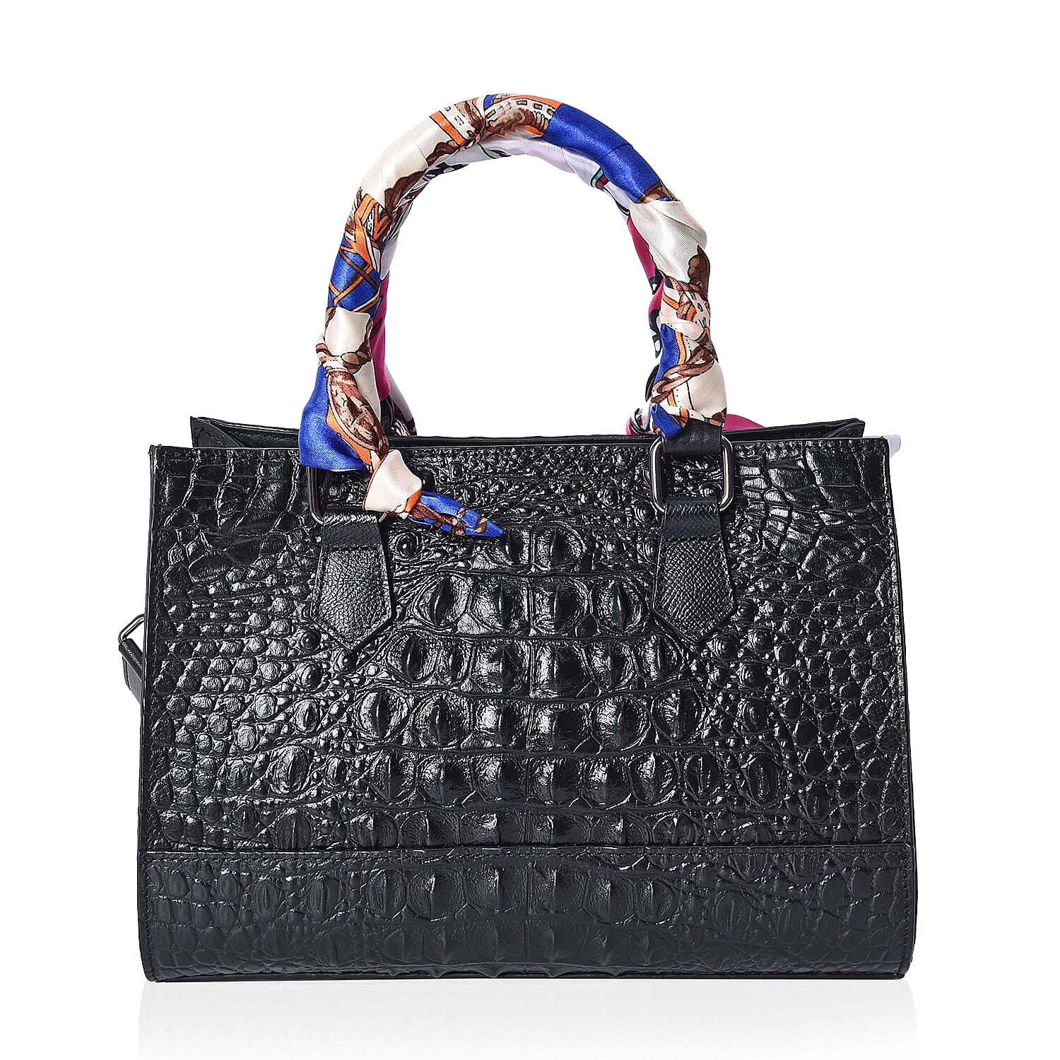 100% Genuine Leather Croc Embossed Tote Bag (Size 26.5x10.3x20.4 Cm) - Black and Gold