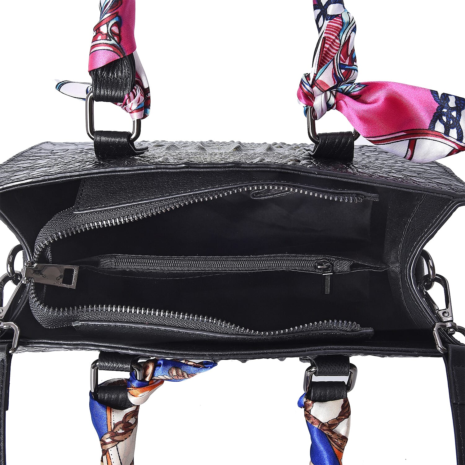 100% Genuine Leather Croc Embossed Tote Bag (Size 26.5x10.3x20.4 Cm) - Black and Gold