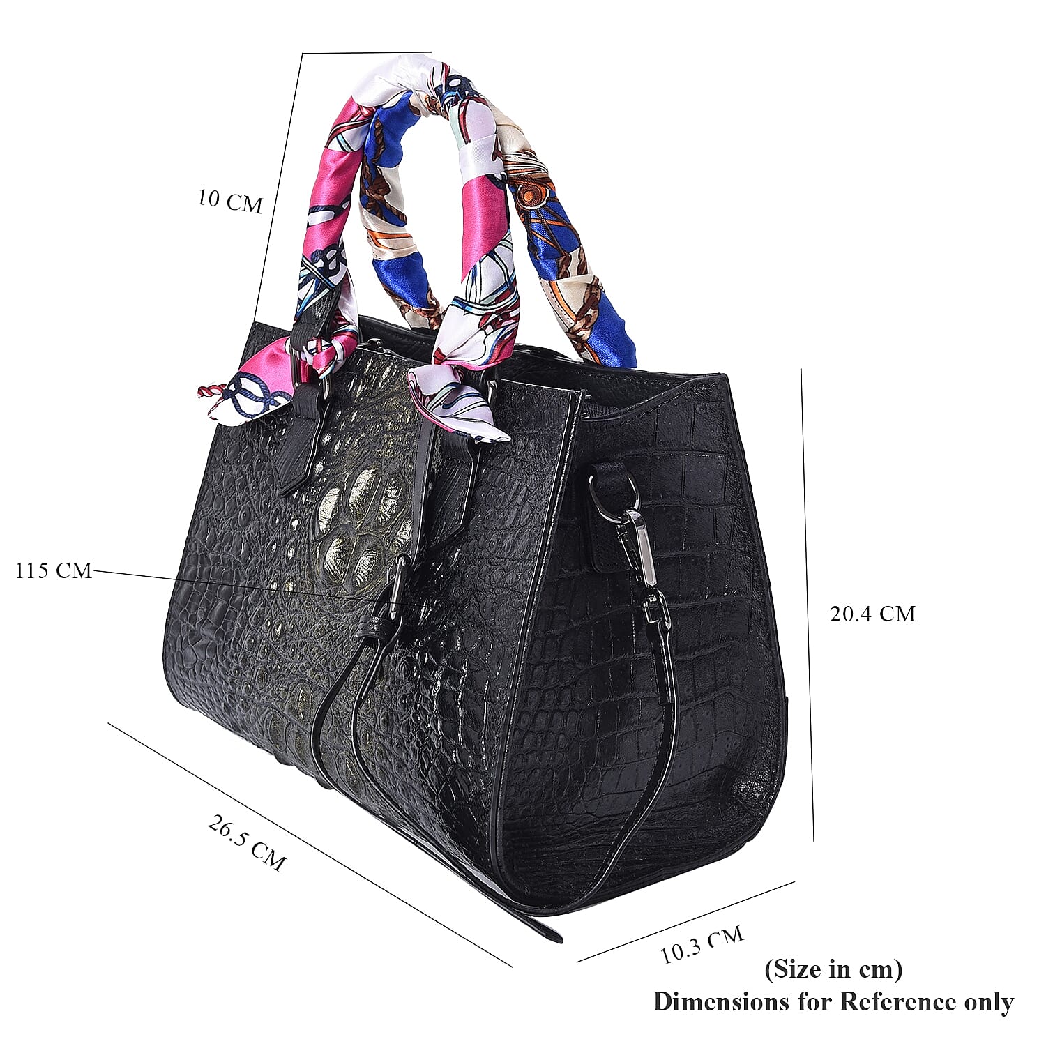 100% Genuine Leather Croc Embossed Tote Bag (Size 26.5x10.3x20.4 Cm) - Black and Gold