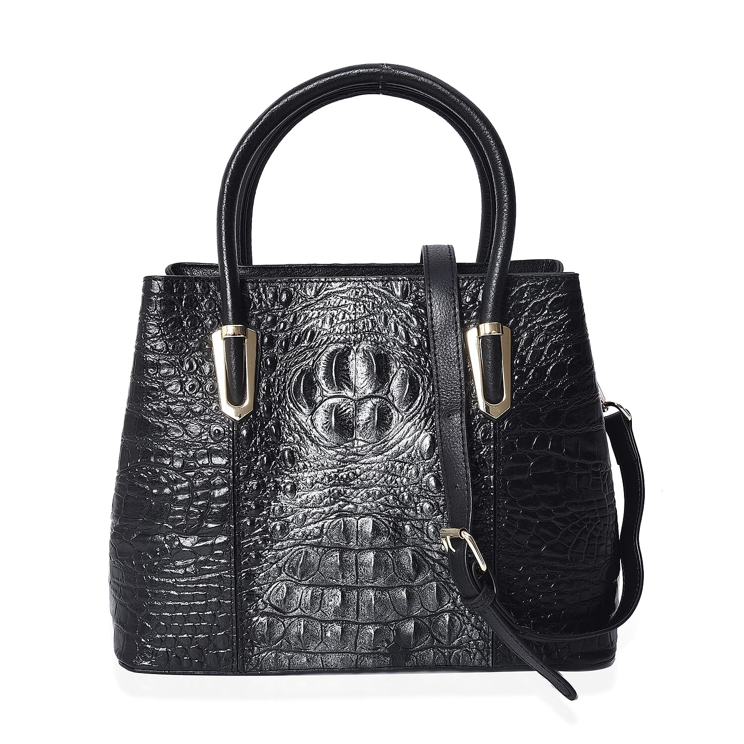100% Genuine Leather Croc Embossed Tote Bag (Size 29x12x22.5 Cm)  - Black and Silver