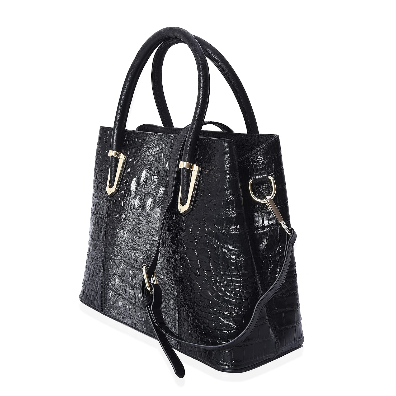 100% Genuine Leather Croc Embossed Tote Bag (Size 29x12x22.5 Cm)  - Black and Silver