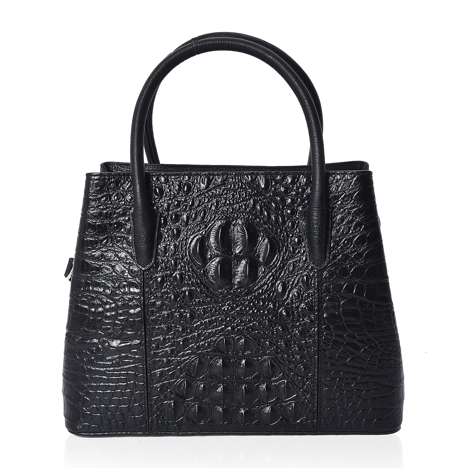 100% Genuine Leather Croc Embossed Tote Bag (Size 29x12x22.5 Cm)  - Black and Silver