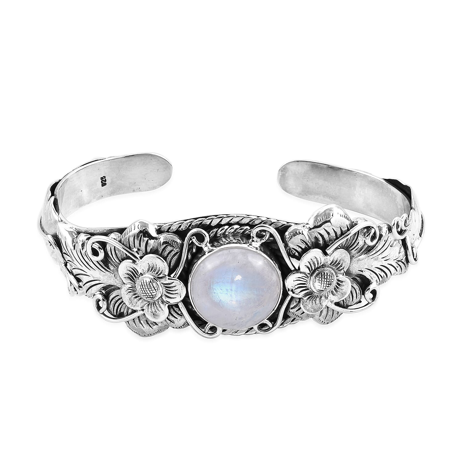 Royal Bali Collection - Rainbow Moonstone (Rnd 16 mm) Cuff Bangle (Size 7.25) in Sterling Silver 15.68 Ct, Silver wt 28.94 Gms