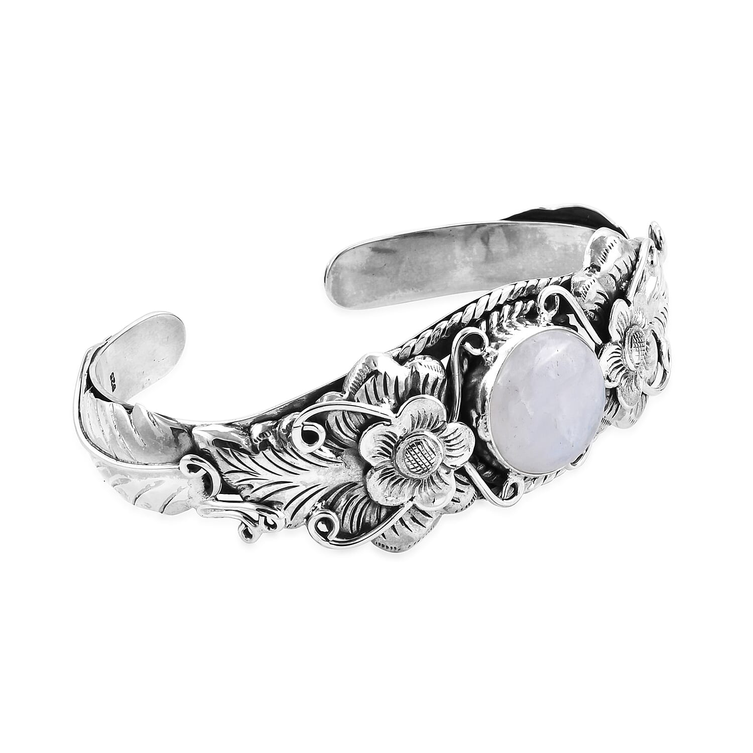 Royal Bali Collection - Rainbow Moonstone (Rnd 16 mm) Cuff Bangle (Size 7.25) in Sterling Silver 15.68 Ct, Silver wt 28.94 Gms