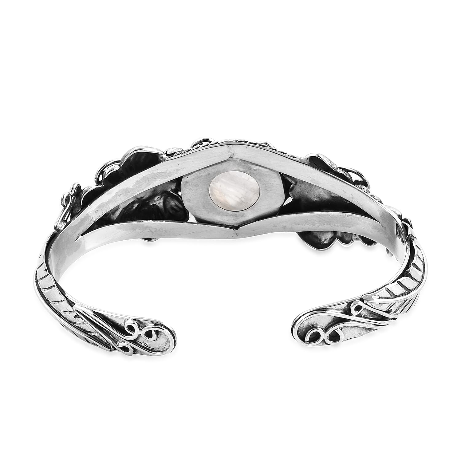 Royal Bali Collection - Rainbow Moonstone (Rnd 16 mm) Cuff Bangle (Size 7.25) in Sterling Silver 15.68 Ct, Silver wt 28.94 Gms