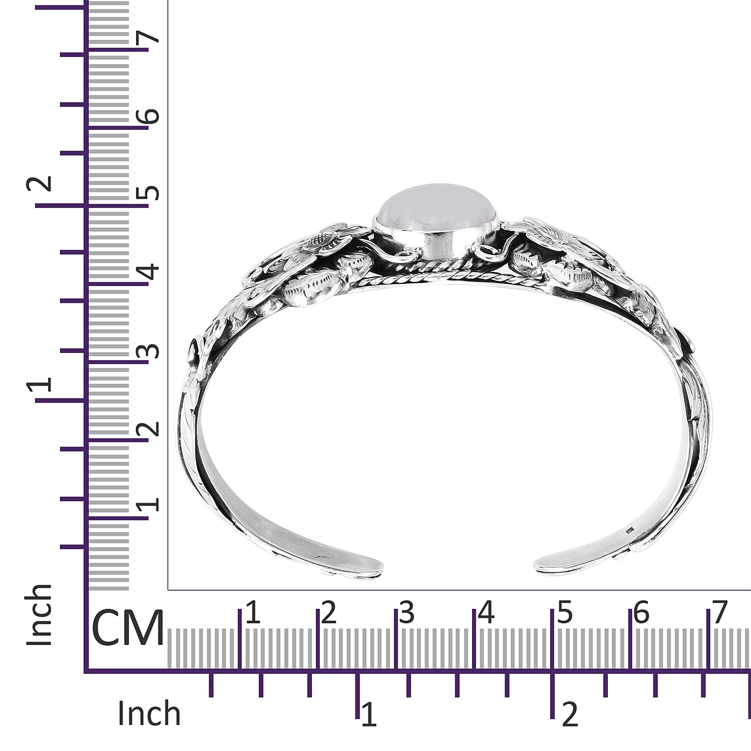 Royal Bali Collection - Rainbow Moonstone (Rnd 16 mm) Cuff Bangle (Size 7.25) in Sterling Silver 15.68 Ct, Silver wt 28.94 Gms