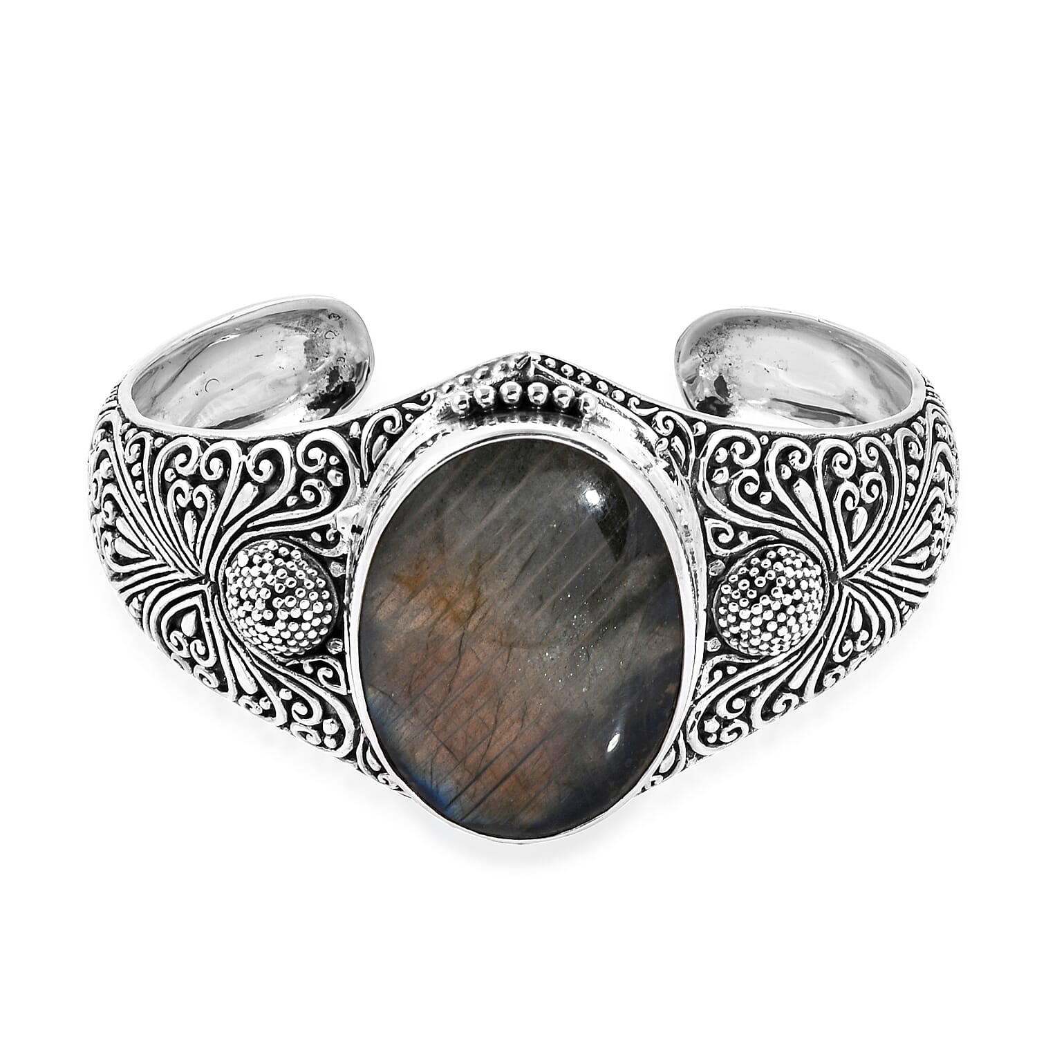 Royal Bali Collection - Labradorite (Ovl 40x30 mm) Cuff Bangle (Size 7.25) in Sterling Silver 100.58 Cts, Silver wt 43.03 Gms