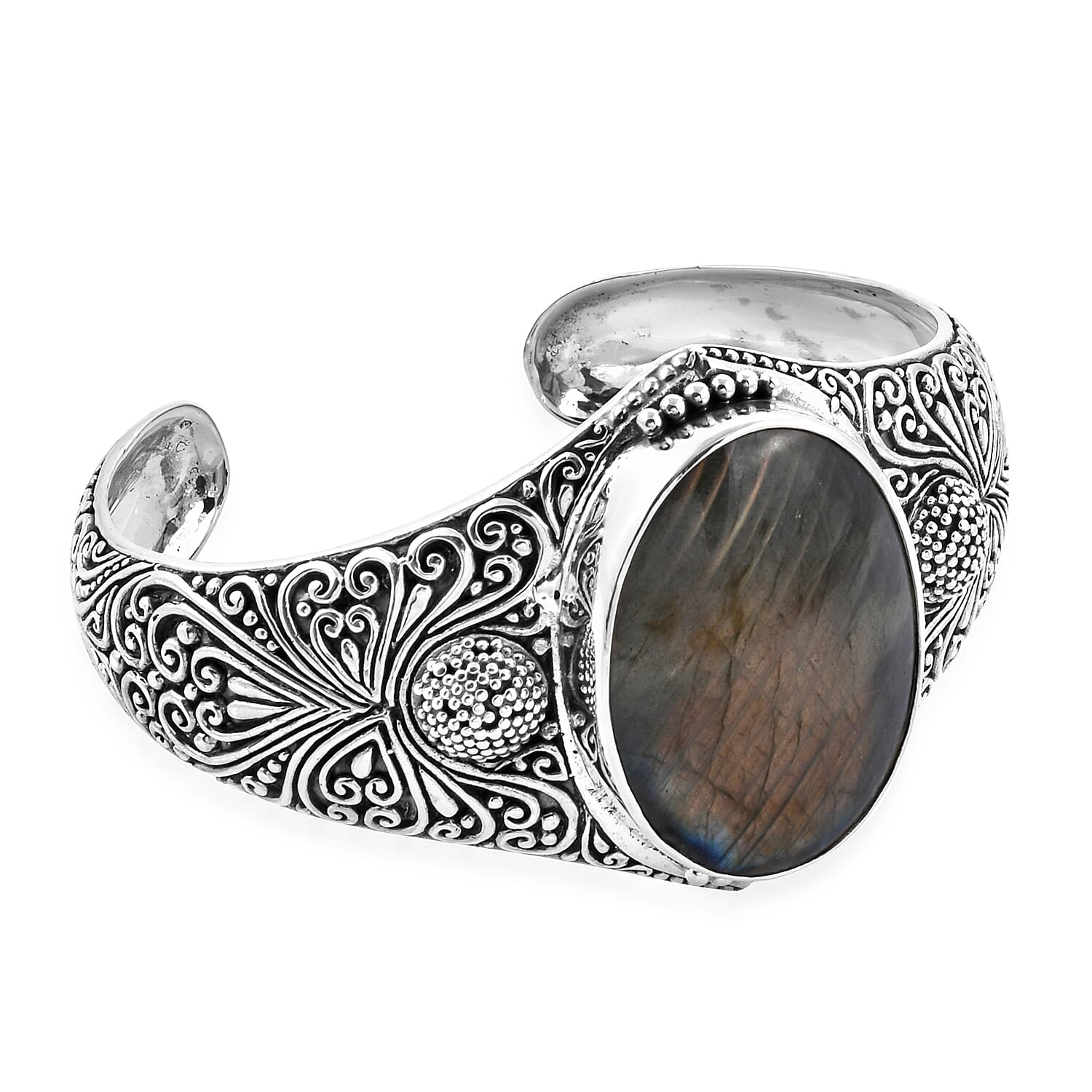 Royal Bali Collection - Labradorite (Ovl 40x30 mm) Cuff Bangle (Size 7.25) in Sterling Silver 100.58 Cts, Silver wt 43.03 Gms
