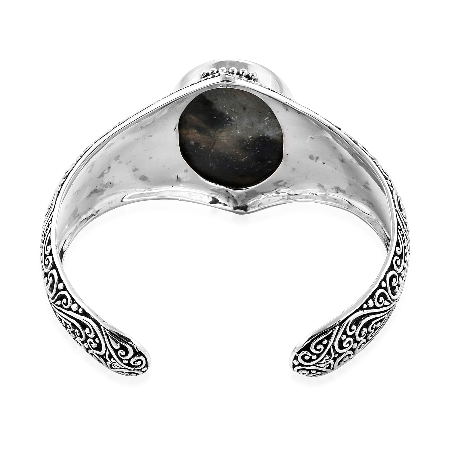Royal Bali Collection - Labradorite (Ovl 40x30 mm) Cuff Bangle (Size 7.25) in Sterling Silver 100.58 Cts, Silver wt 43.03 Gms