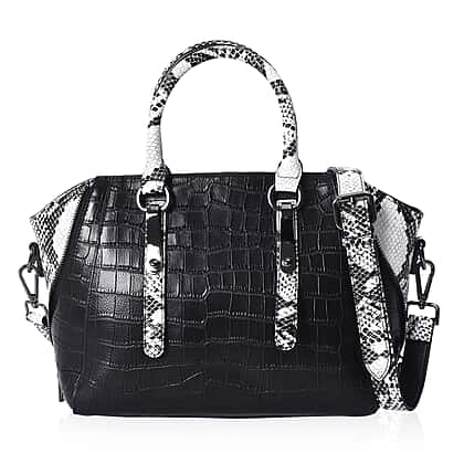 100% Genuine Leather Croc Embossed Tote Bag with Snake Skin Pattern in  Black Colour Size 29x15x22 Cm