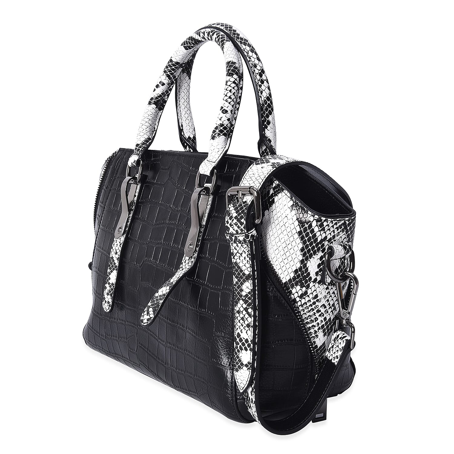 100% Genuine Leather Croc Embossed Tote Bag with Snake Skin Pattern Removable Shoulder Strap (Size 27x11x22 Cm)  - Black