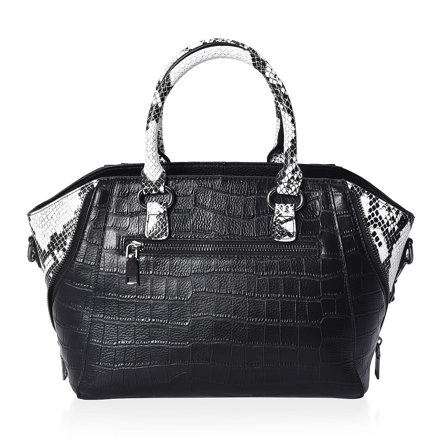 100% Genuine Leather Croc Embossed Tote Bag with Snake Skin Pattern Removable Shoulder Strap (Size 27x11x22 Cm)  - Black