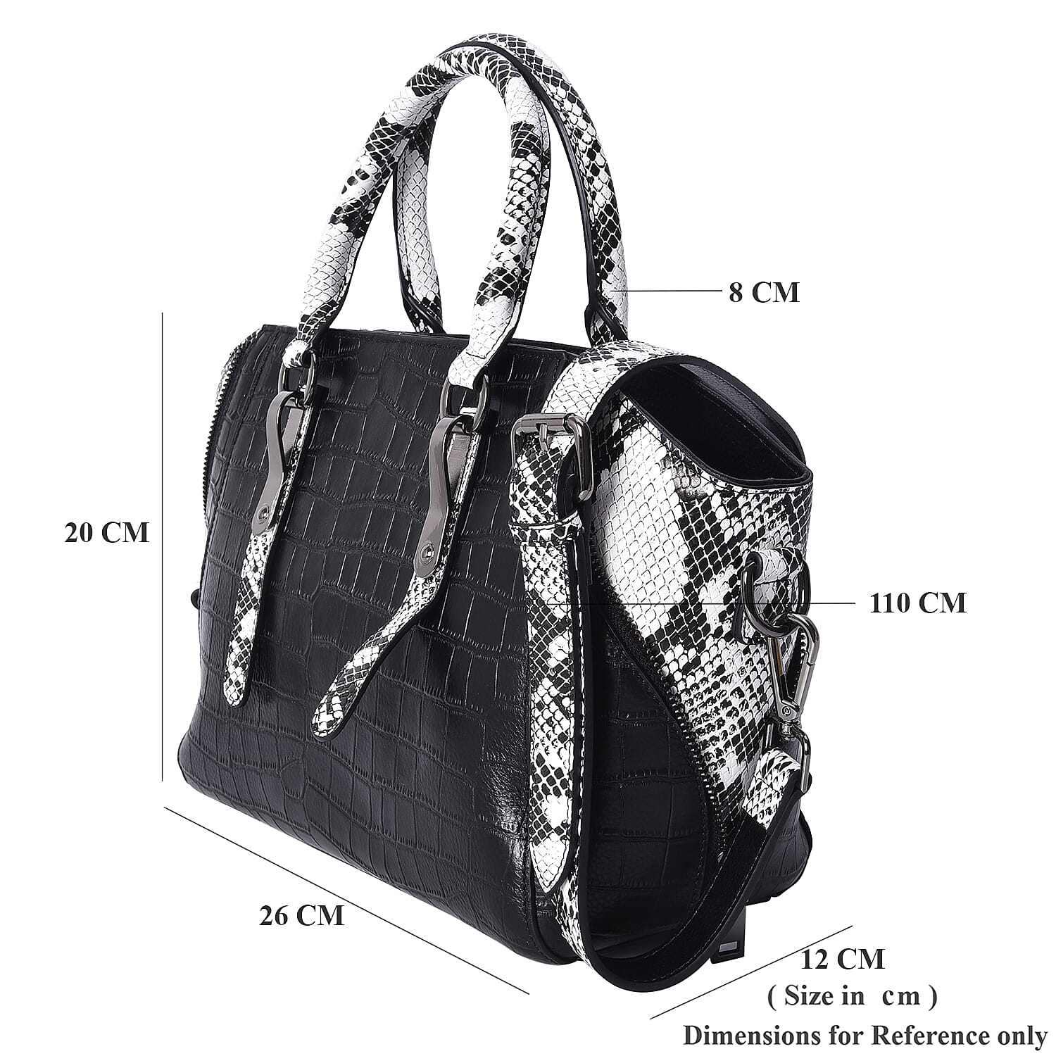 100% Genuine Leather Croc Embossed Tote Bag with Snake Skin Pattern Removable Shoulder Strap (Size 27x11x22 Cm)  - Black