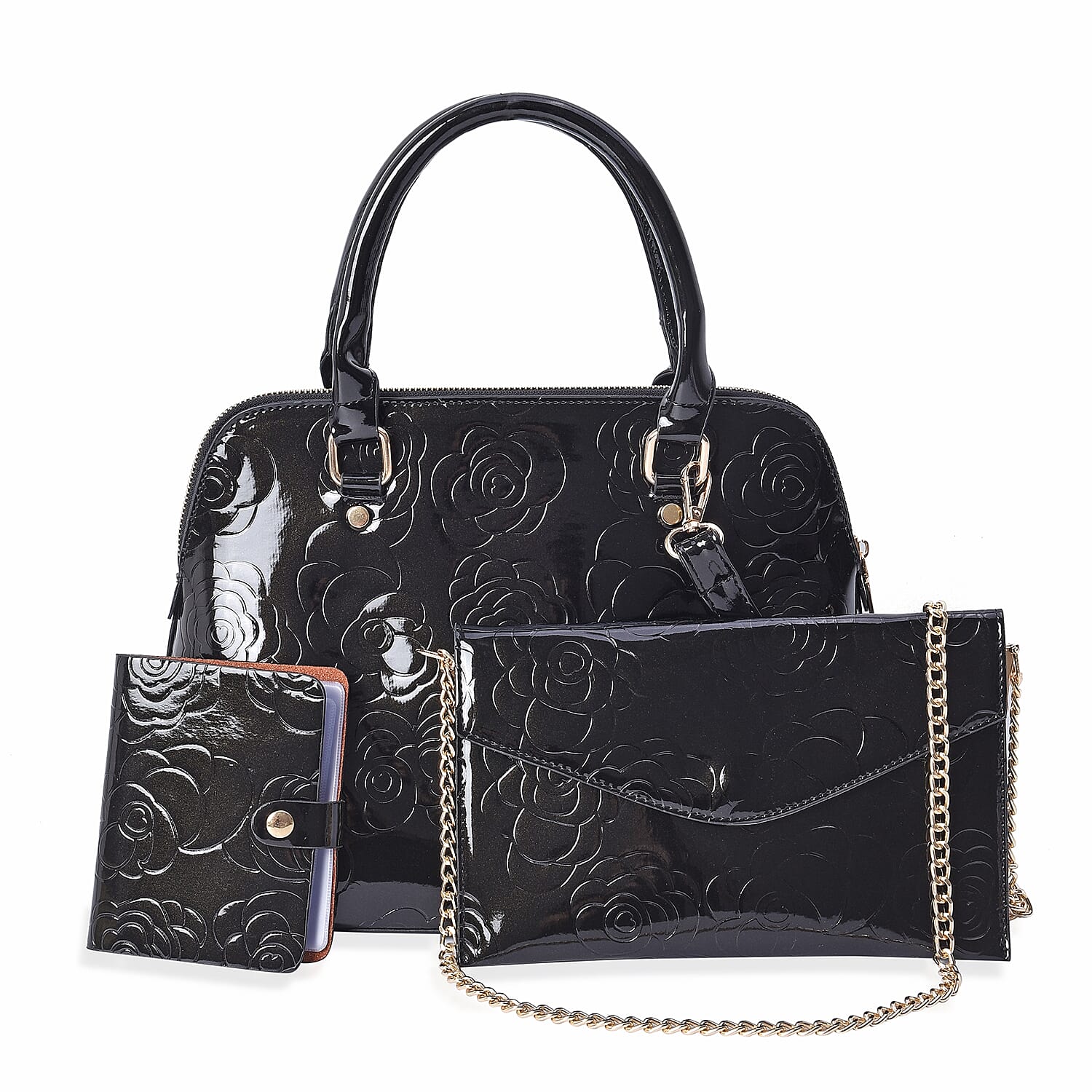 3 Piece Set - Rose Floral Embossed Tote Bag, Clutch and Card Bag with Detachable Shoulder Strap - Black