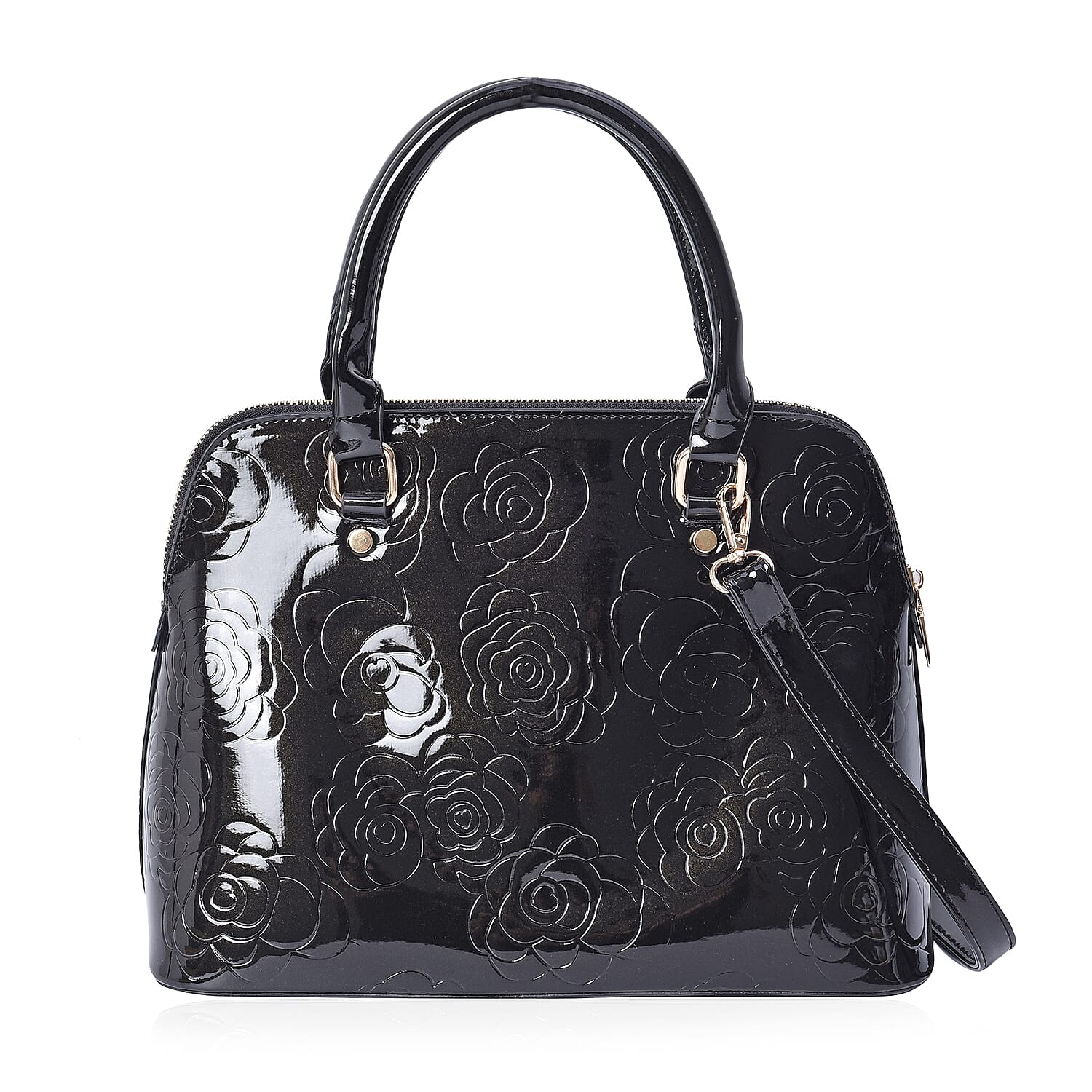 3 Piece Set - Rose Floral Embossed Tote Bag, Clutch and Card Bag with Detachable Shoulder Strap - Black