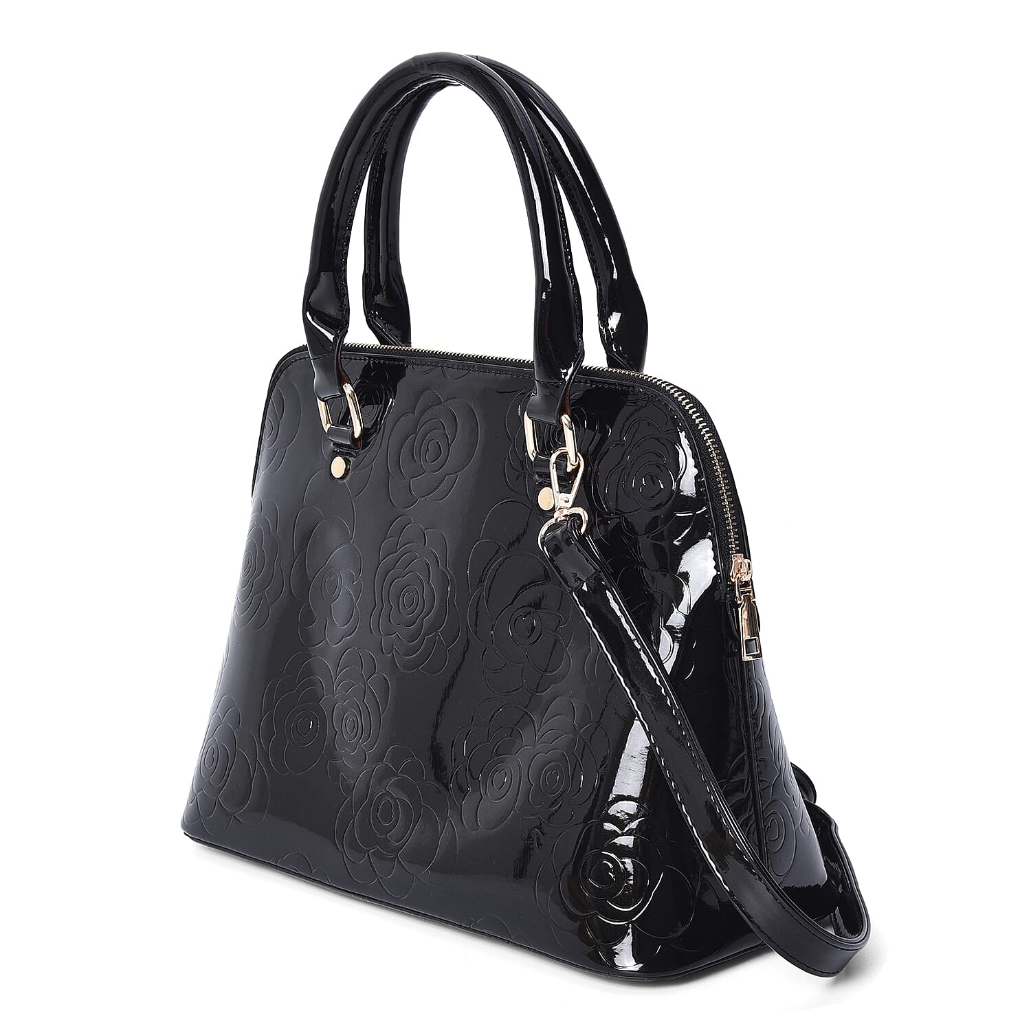 3 Piece Set - Rose Floral Embossed Tote Bag, Clutch and Card Bag with Detachable Shoulder Strap - Black