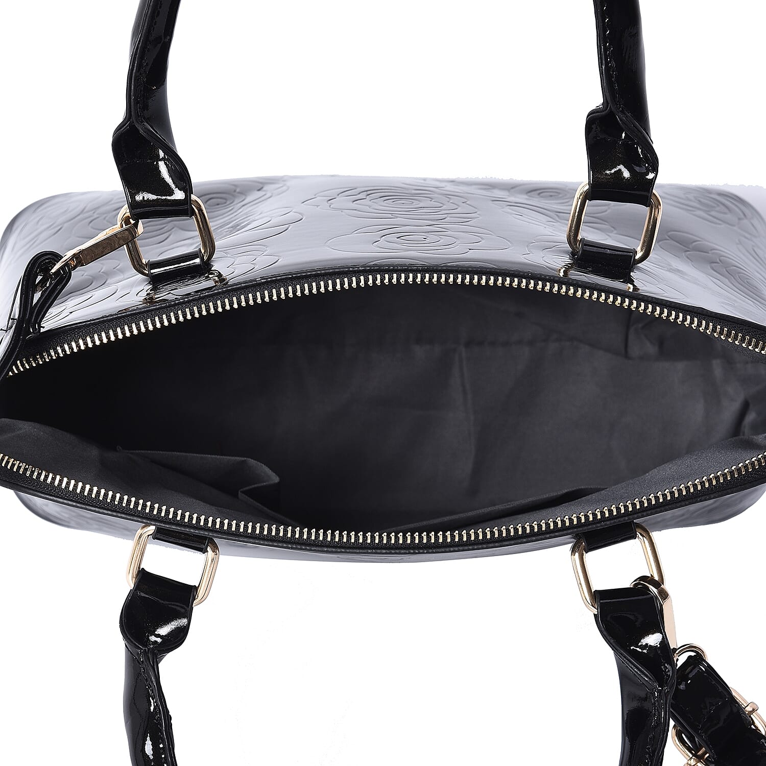 3 Piece Set - Rose Floral Embossed Tote Bag, Clutch and Card Bag with Detachable Shoulder Strap - Black