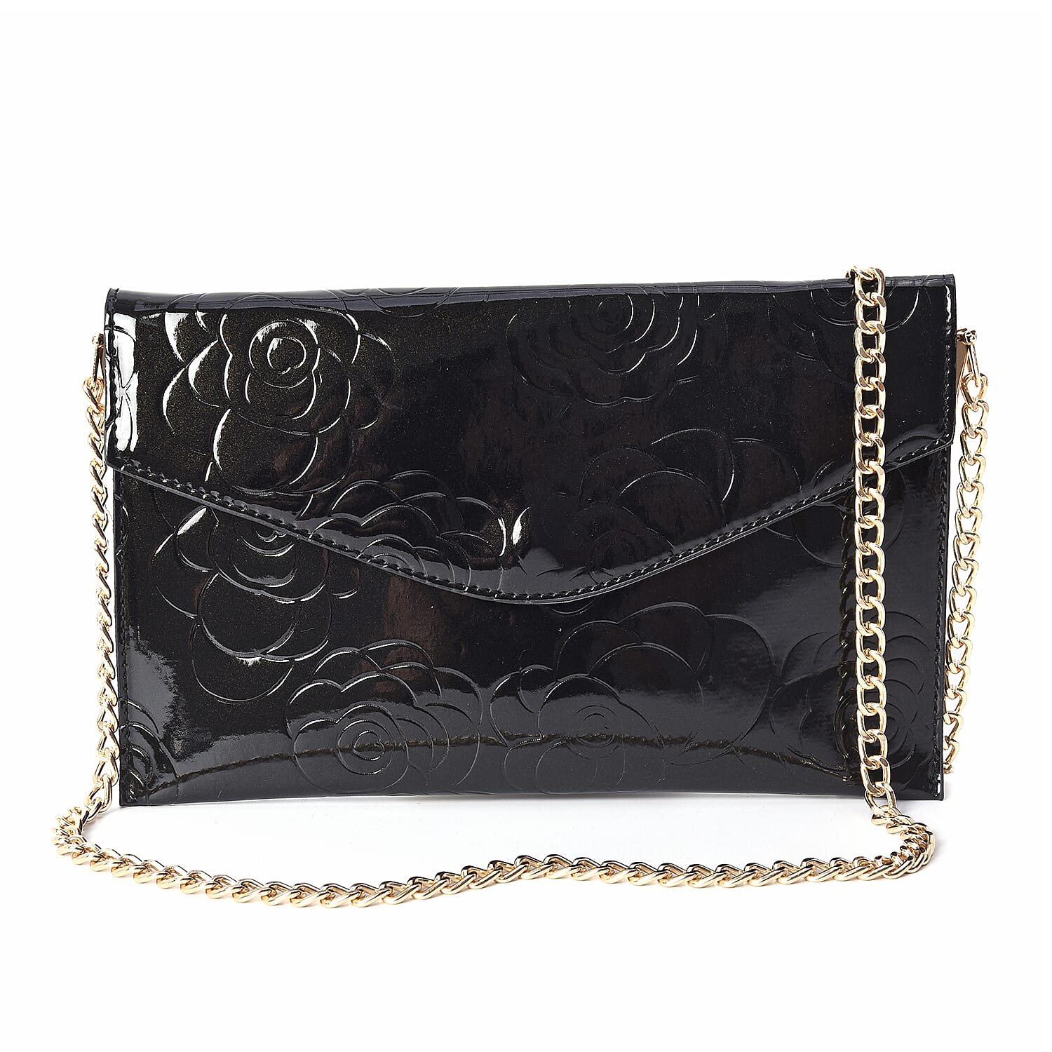 3 Piece Set - Rose Floral Embossed Tote Bag, Clutch and Card Bag with Detachable Shoulder Strap - Black