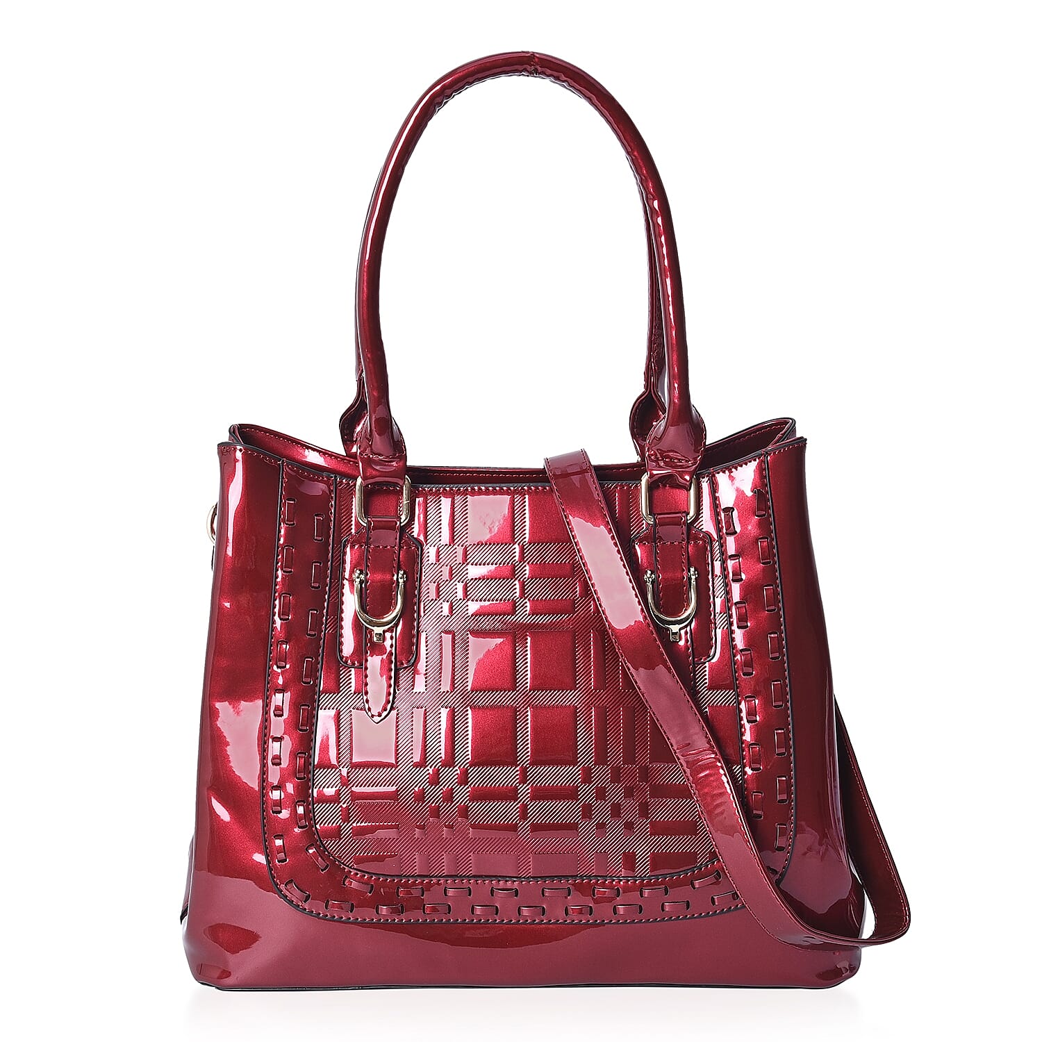 Red Colour Square Embossed Tote Bag with Detachable Shoulder Strap and External Zipper Pocket (Size 39x32x12.5 Cm)