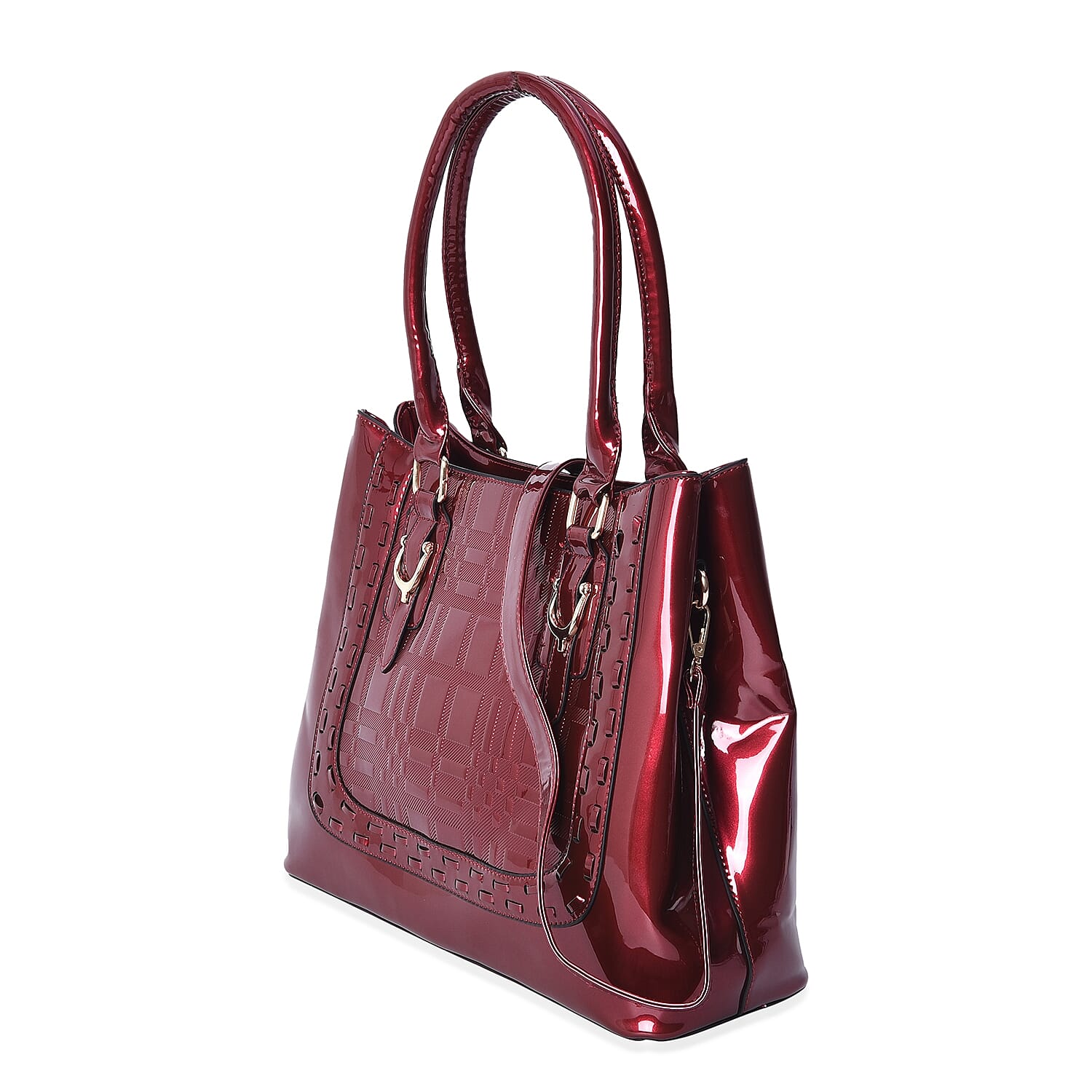 Red Colour Square Embossed Tote Bag with Detachable Shoulder Strap and External Zipper Pocket (Size 39x32x12.5 Cm)