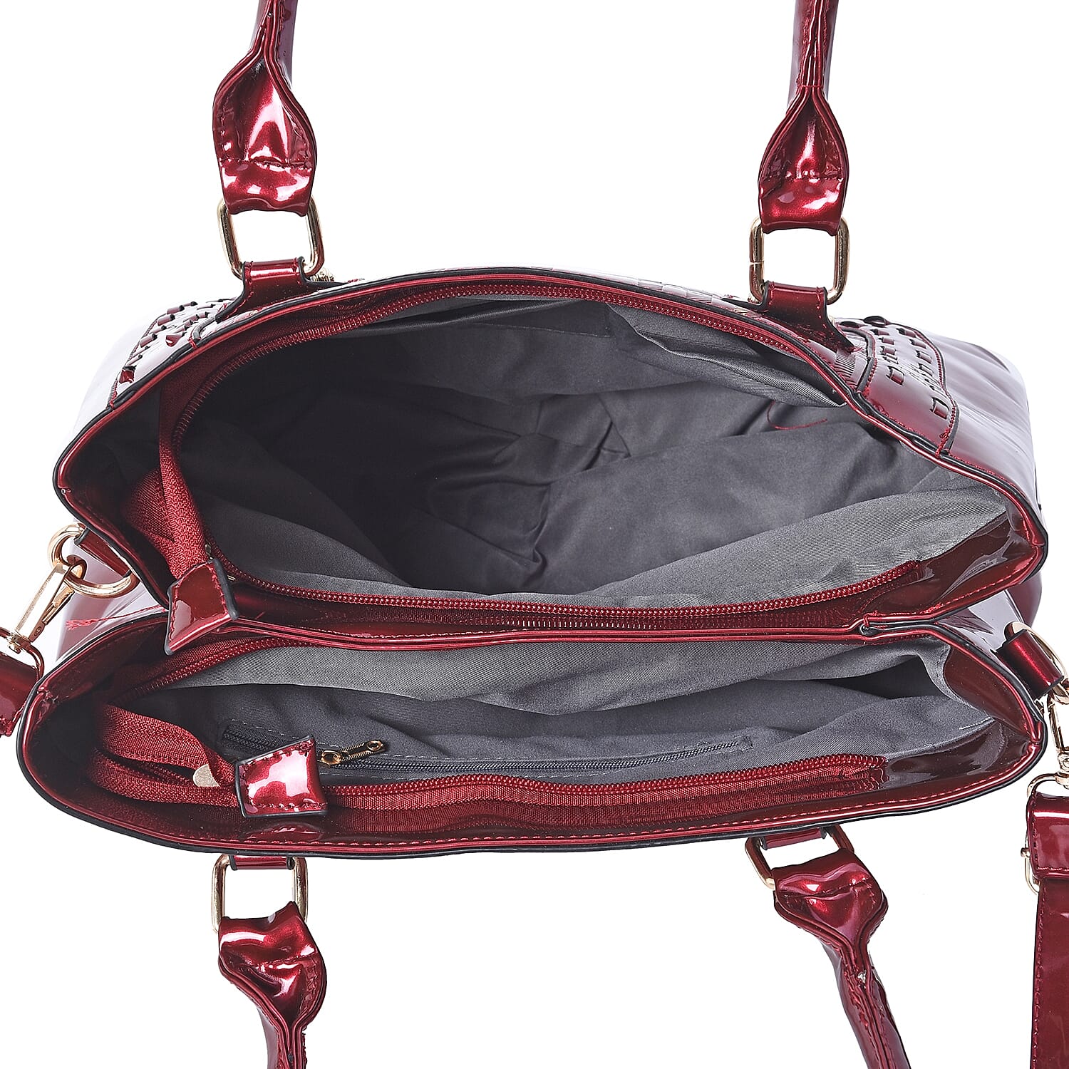 Red Colour Square Embossed Tote Bag with Detachable Shoulder Strap and External Zipper Pocket (Size 39x32x12.5 Cm)