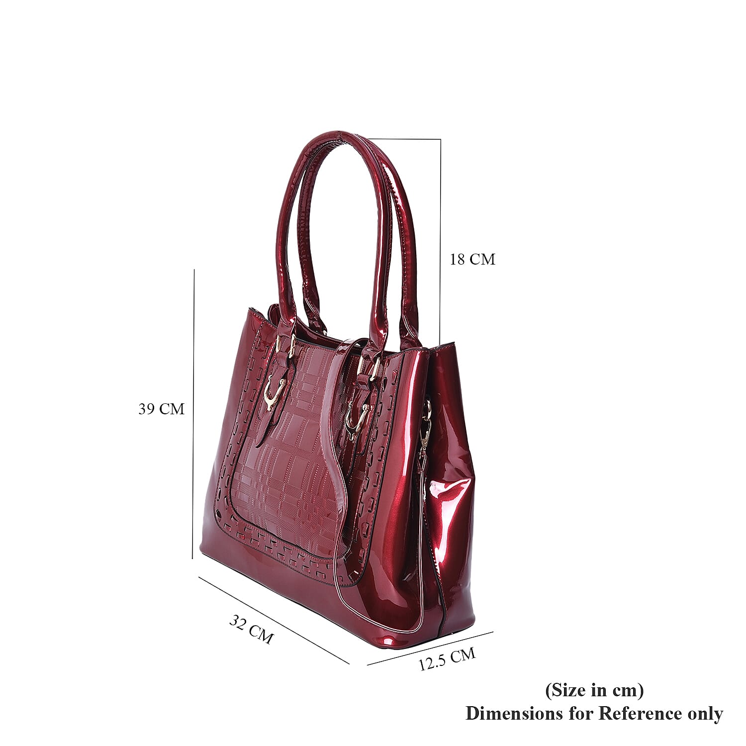 Red Colour Square Embossed Tote Bag with Detachable Shoulder Strap and External Zipper Pocket (Size 39x32x12.5 Cm)