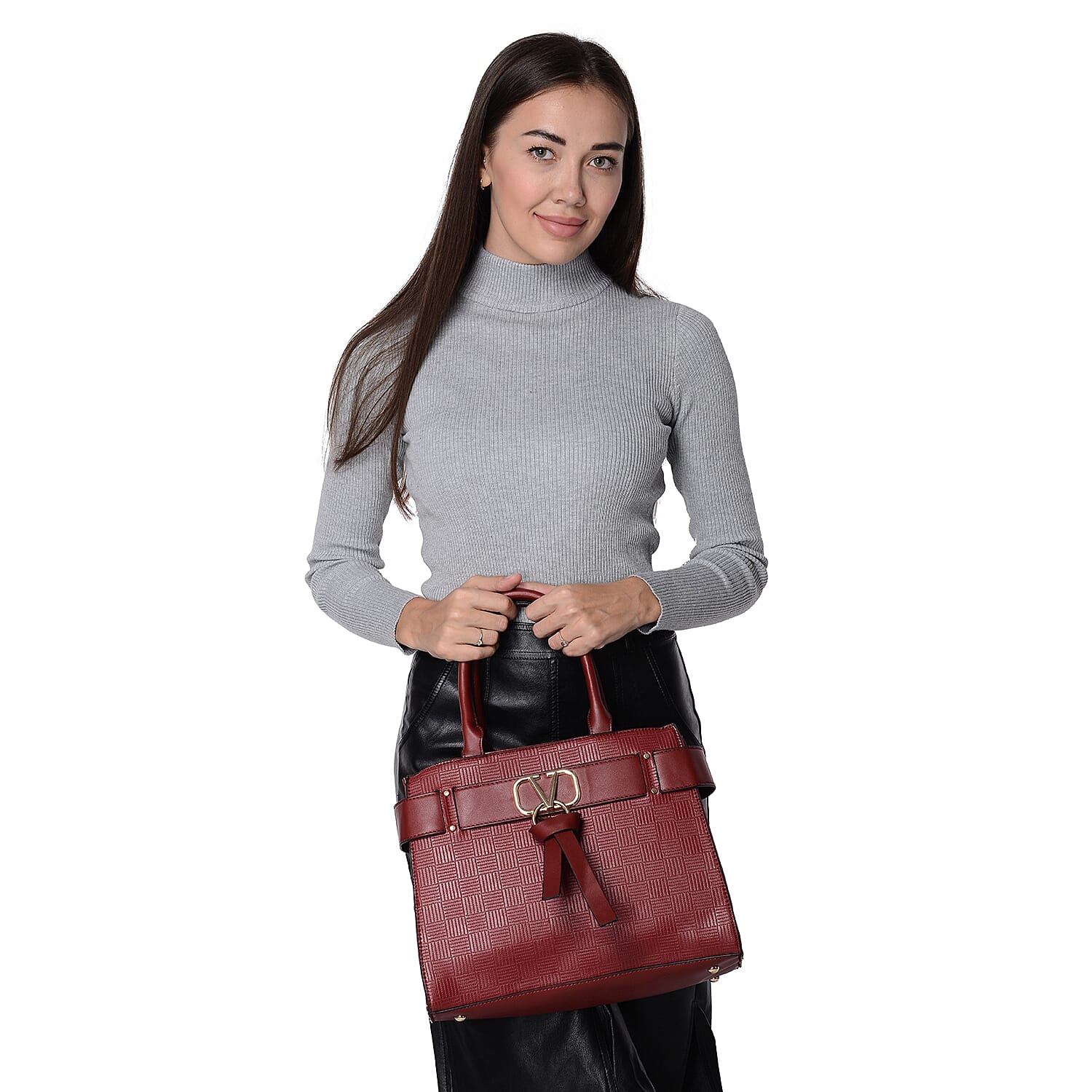 Belt Shaped Design Shoulder Bag with Detachable Shoulder Strap and Zipper Closure (Size 33.5x15x11 Cm) - Burgundy
