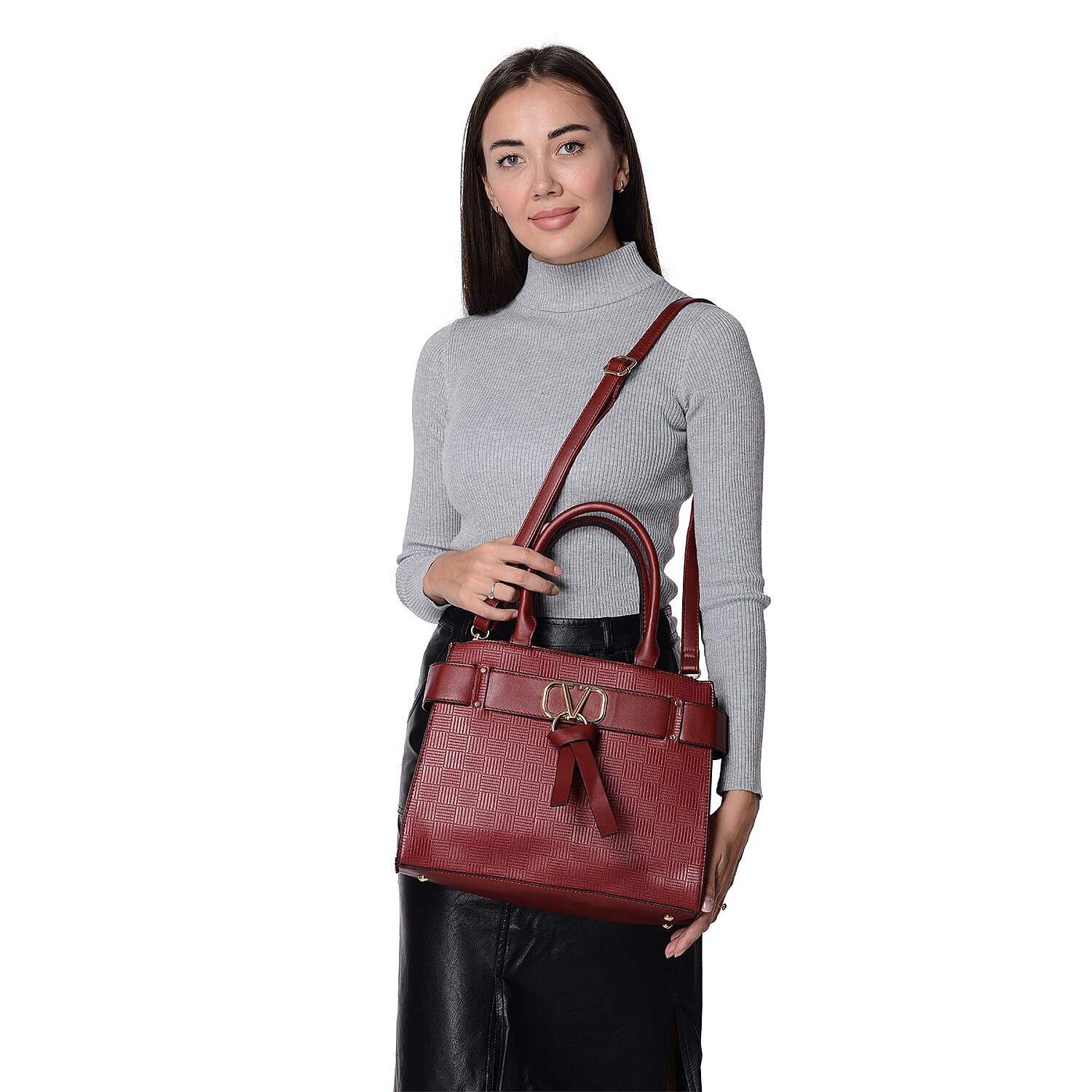Belt Shaped Design Shoulder Bag with Detachable Shoulder Strap and Zipper Closure (Size 33.5x15x11 Cm) - Burgundy