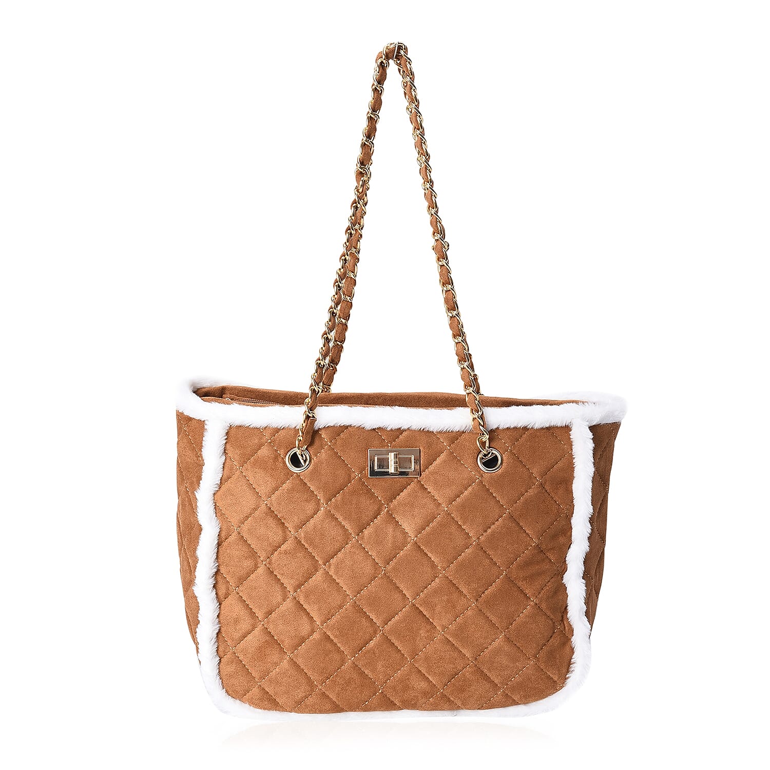 Quilted Pattern Tote Bag with Suede Chain Shoulder Strap and Zipper Closure (Size 31x25x14 Cm) - Tan