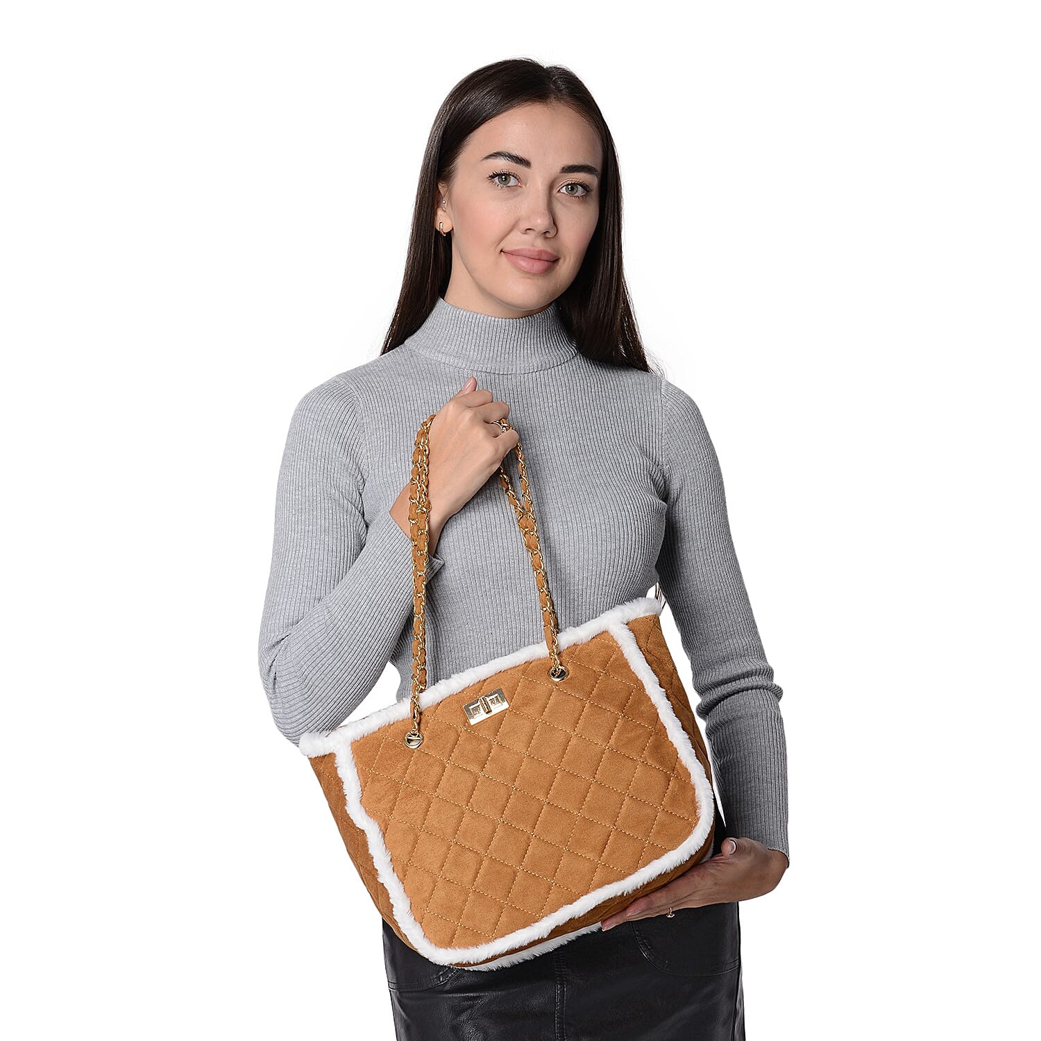 Quilted Pattern Tote Bag with Suede Chain Shoulder Strap and Zipper Closure (Size 31x25x14 Cm) - Tan
