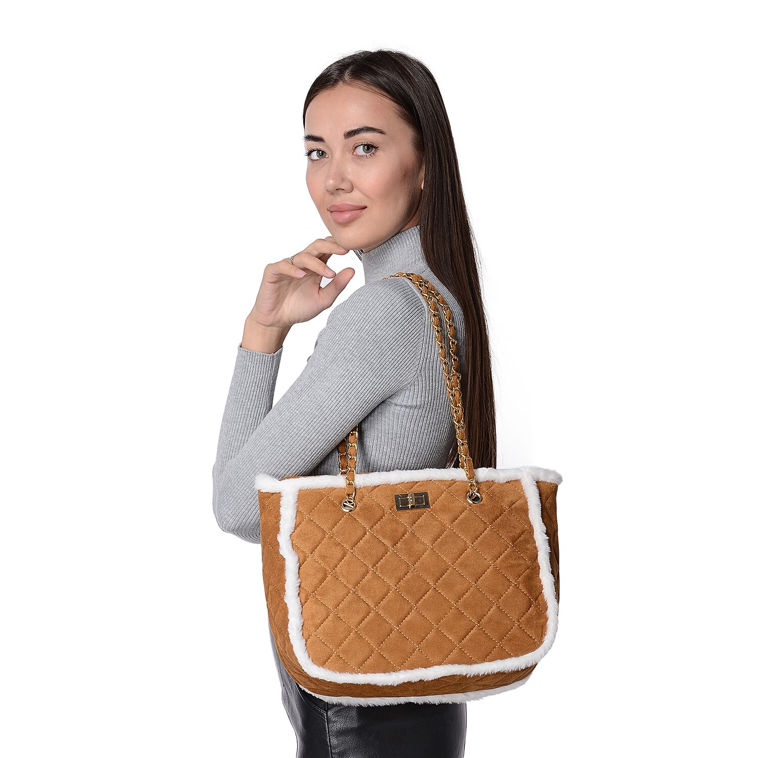 Quilted Pattern Tote Bag with Suede Chain Shoulder Strap and Zipper Closure (Size 31x25x14 Cm) - Tan
