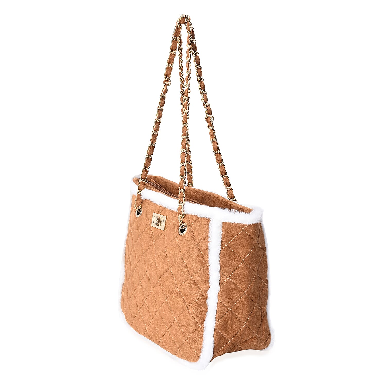 Quilted Pattern Tote Bag with Suede Chain Shoulder Strap and Zipper Closure (Size 31x25x14 Cm) - Tan