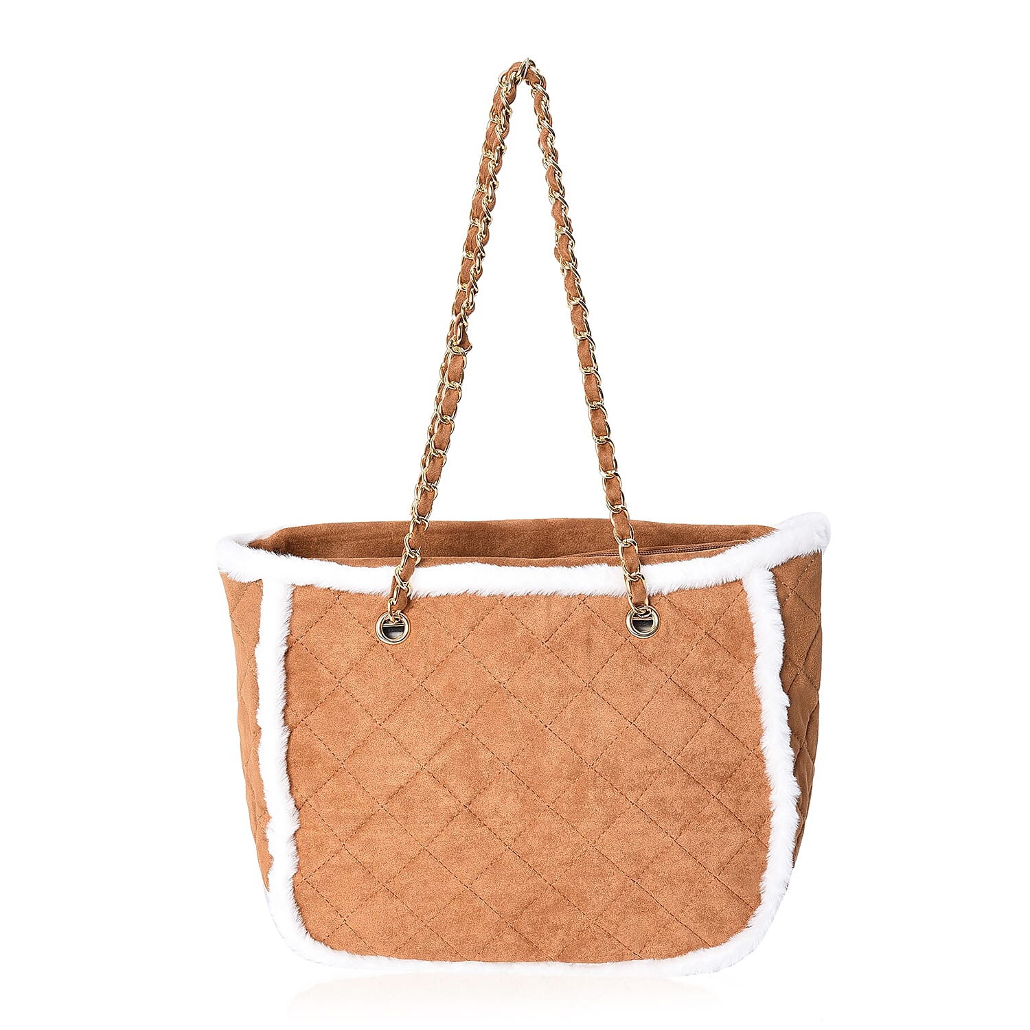 Quilted Pattern Tote Bag with Suede Chain Shoulder Strap and Zipper Closure (Size 31x25x14 Cm) - Tan