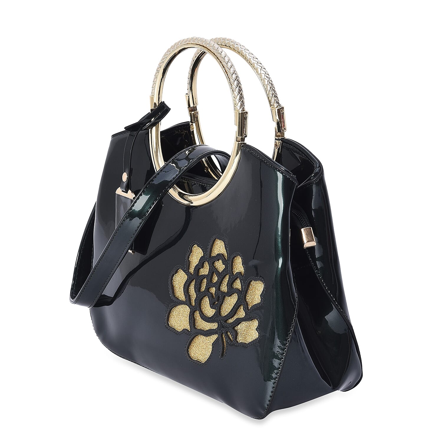 Glittering Rose Pattern Tote Bag with Round Metal Handle and Detachable Shoulder Strap (Size 32x23x8 Cm) - Metallic Dark Green