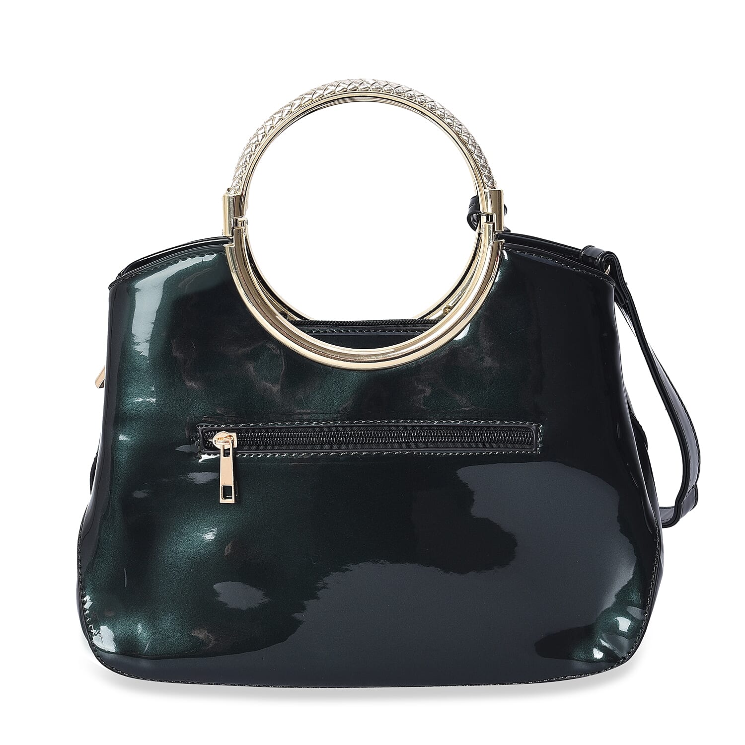 Glittering Rose Pattern Tote Bag with Round Metal Handle and Detachable Shoulder Strap (Size 32x23x8 Cm) - Metallic Dark Green