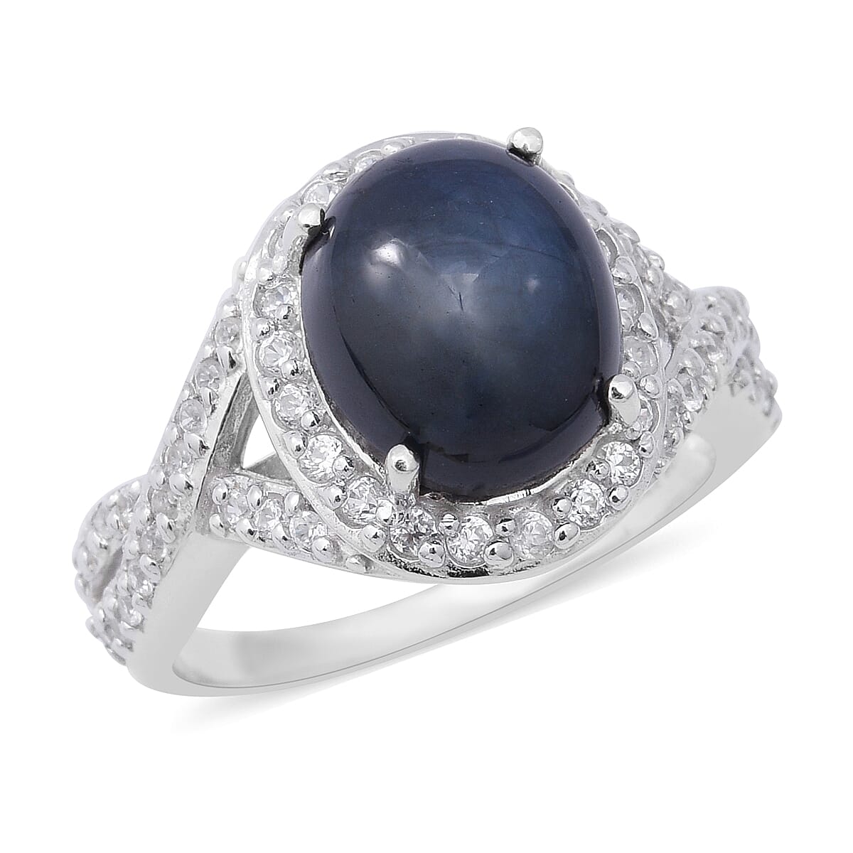 Star Sapphire (Ovl 12x10 mm), Natural White Cambodian Zircon Ring in Rhodium Overlay Sterling Silver 8.71 Ct.
