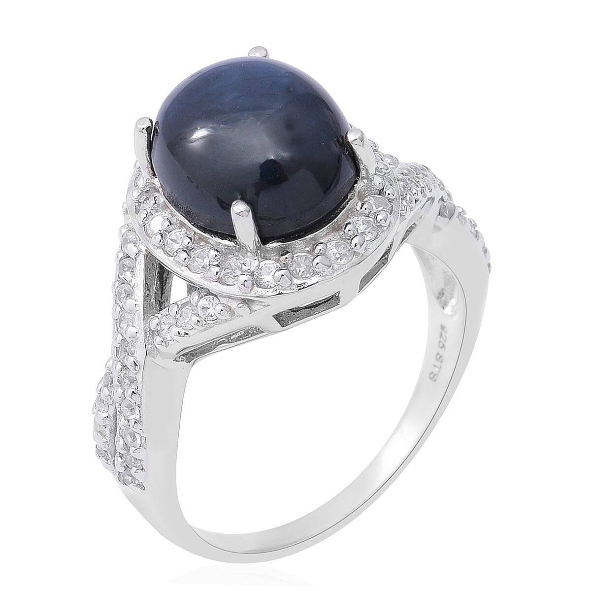 Star Sapphire (Ovl 12x10 mm), Natural White Cambodian Zircon Ring in Rhodium Overlay Sterling Silver 8.71 Ct.