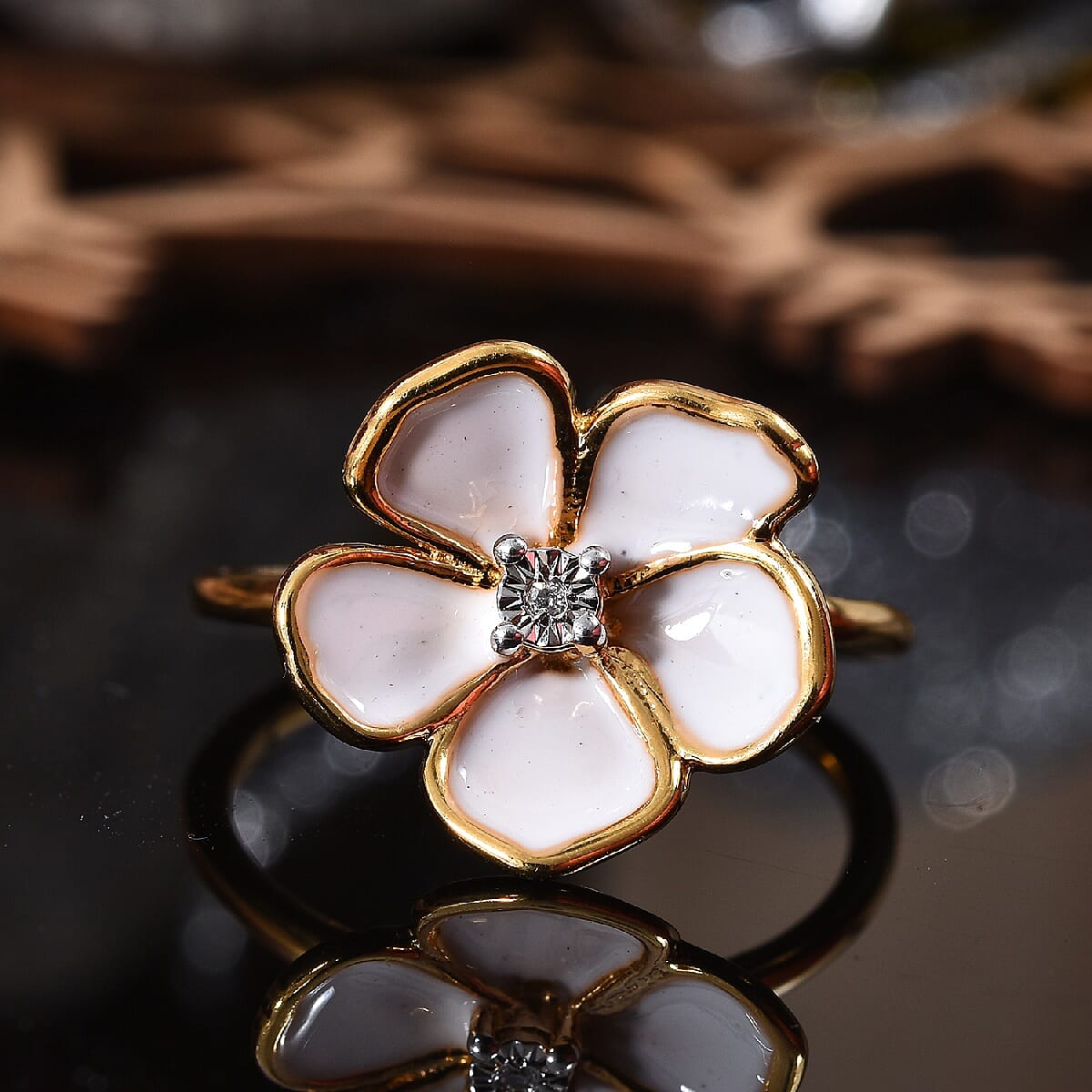 Diamond (Rnd) Enamelled Periwinkle Flower Ring in 14K Gold Overlay Sterling Silver 0.005 Ct.