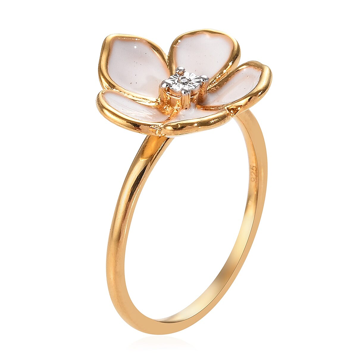 Diamond (Rnd) Enamelled Periwinkle Flower Ring in 14K Gold Overlay Sterling Silver 0.005 Ct.