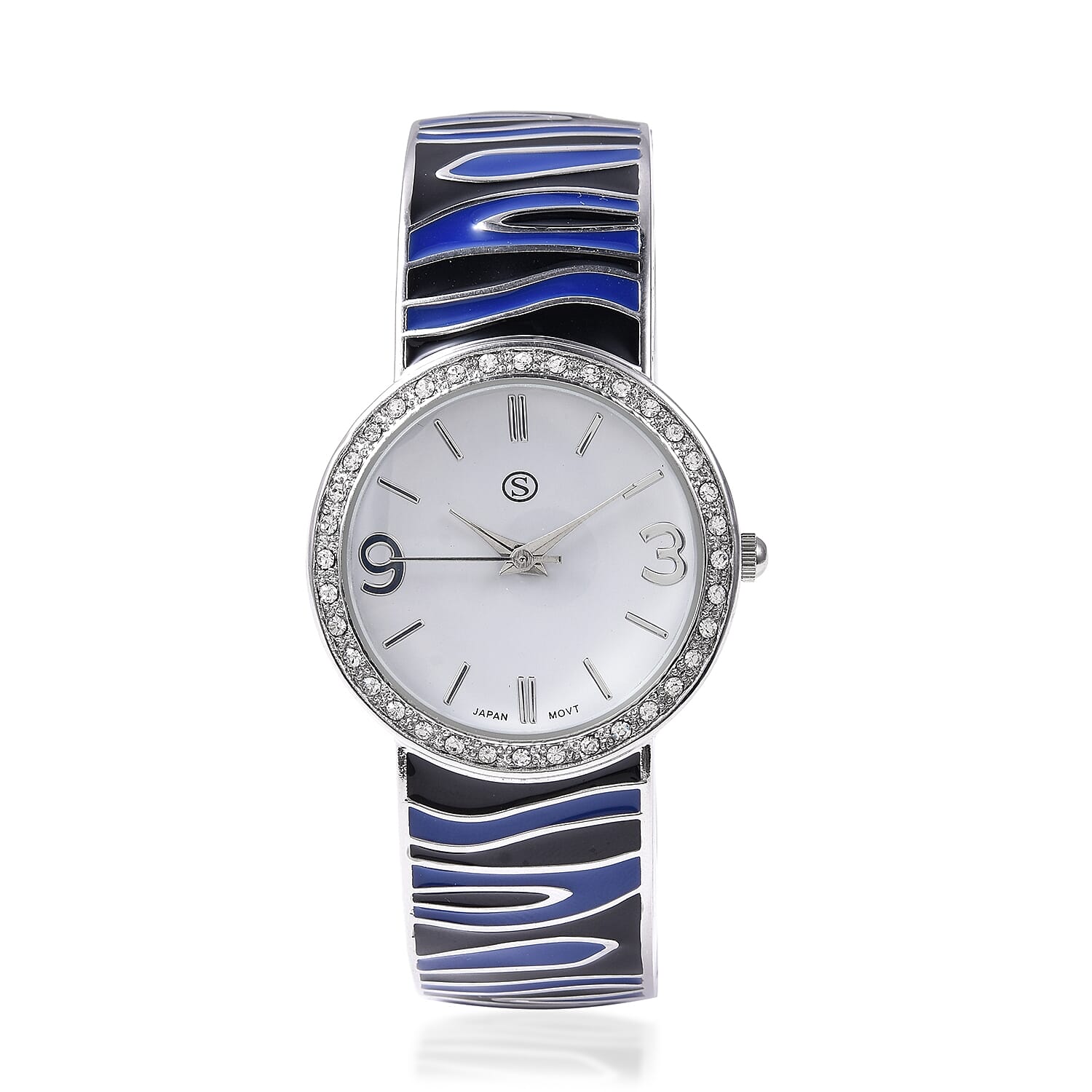 STRADA Japanese Movement White Austrian Crystal Studded Water Resistance Enamelled Cuff Bangle Watch (Size 6.5-7) in Stainless Steel - Black and Blue