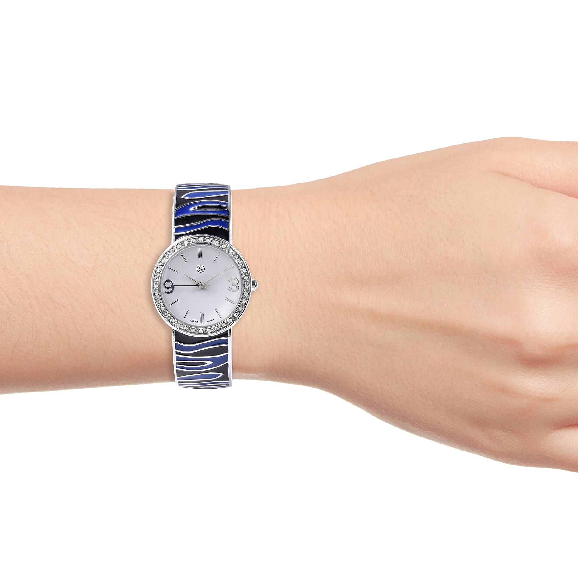 STRADA Japanese Movement White Austrian Crystal Studded Water Resistance Enamelled Cuff Bangle Watch (Size 6.5-7) in Stainless Steel - Black and Blue