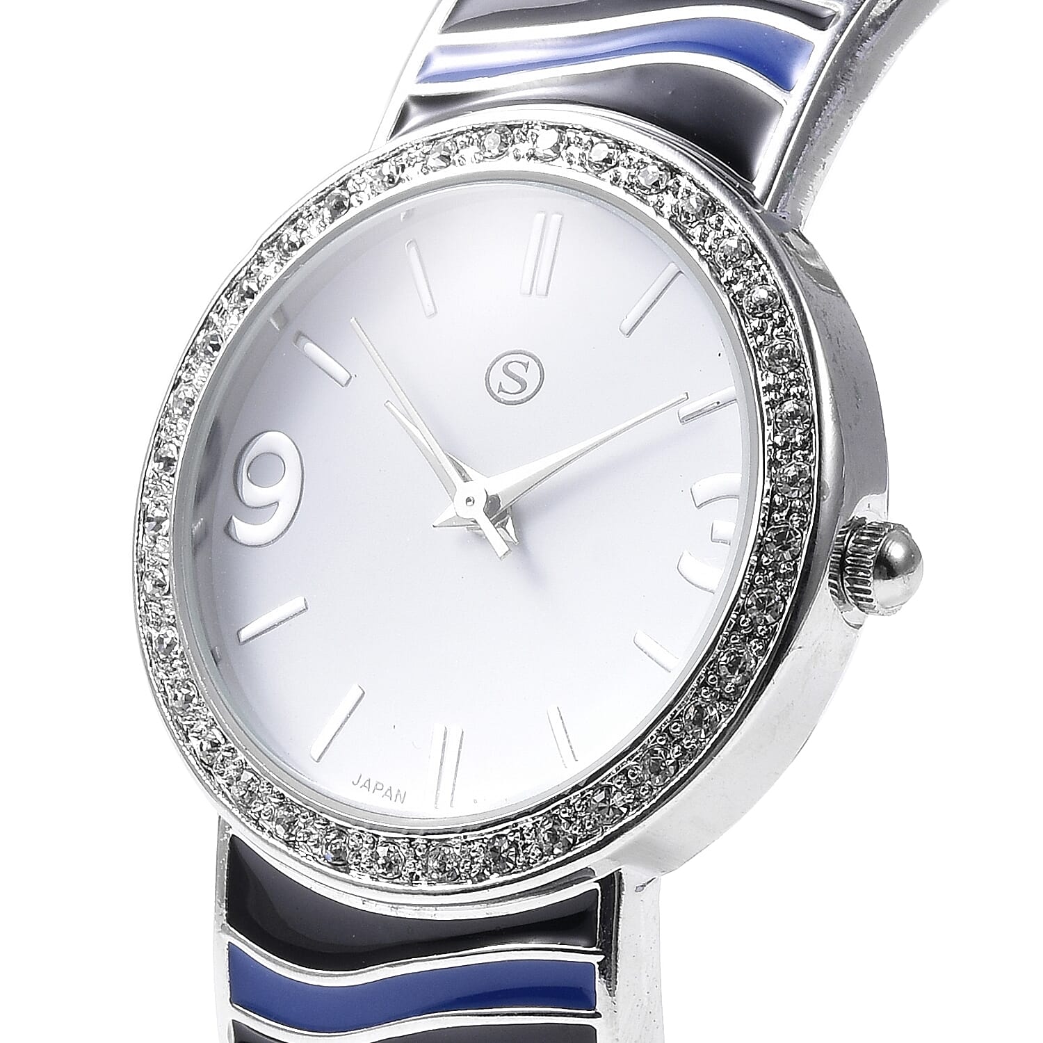 STRADA Japanese Movement White Austrian Crystal Studded Water Resistance Enamelled Cuff Bangle Watch (Size 6.5-7) in Stainless Steel - Black and Blue
